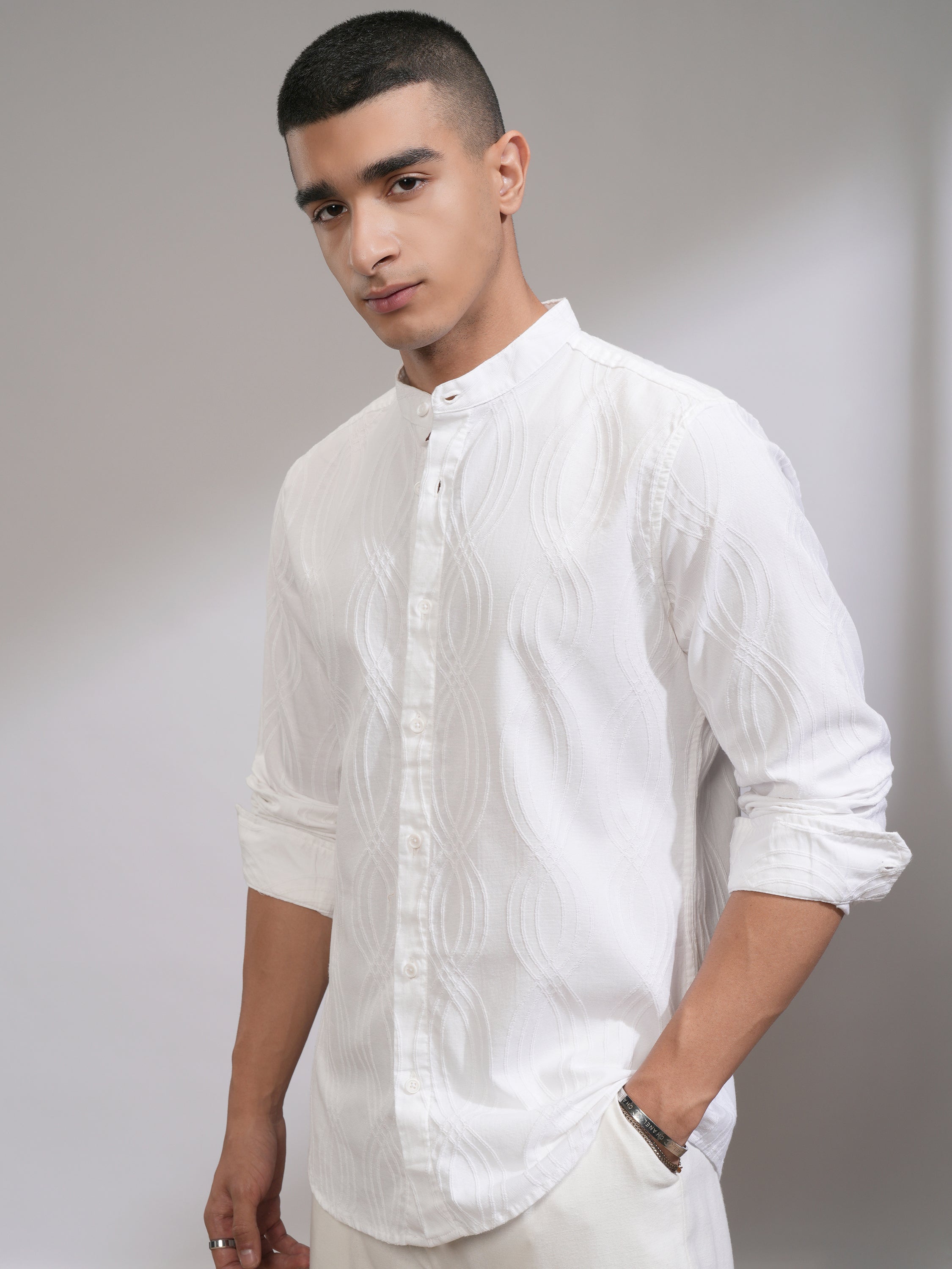 Highlander Men White Textured Slim Fit Casual Shirt - White - Image 4