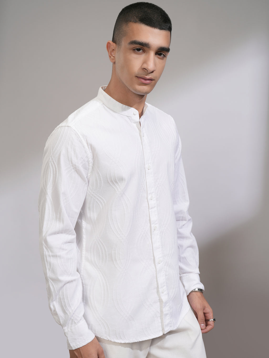 Highlander Men White Textured Slim Fit Casual Shirt - White - Image 6