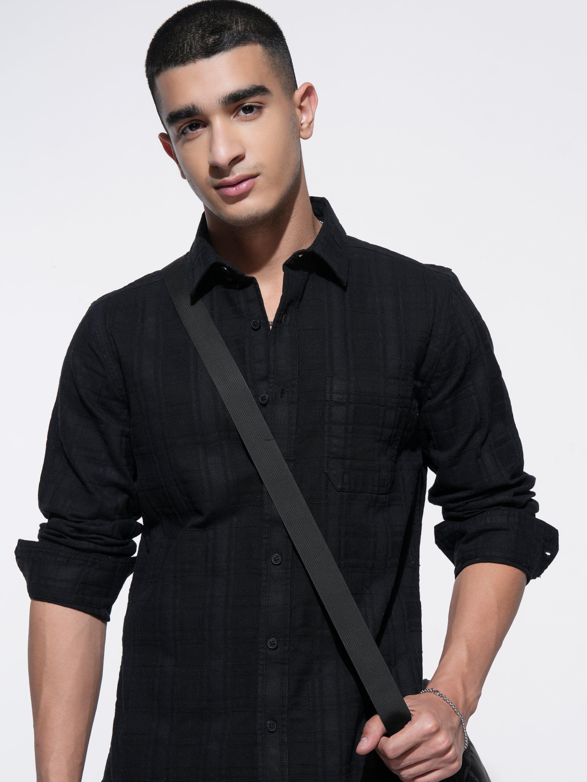 Highlander Men Black Self Design Slim Fit Casual Shirt - Black - Image 1