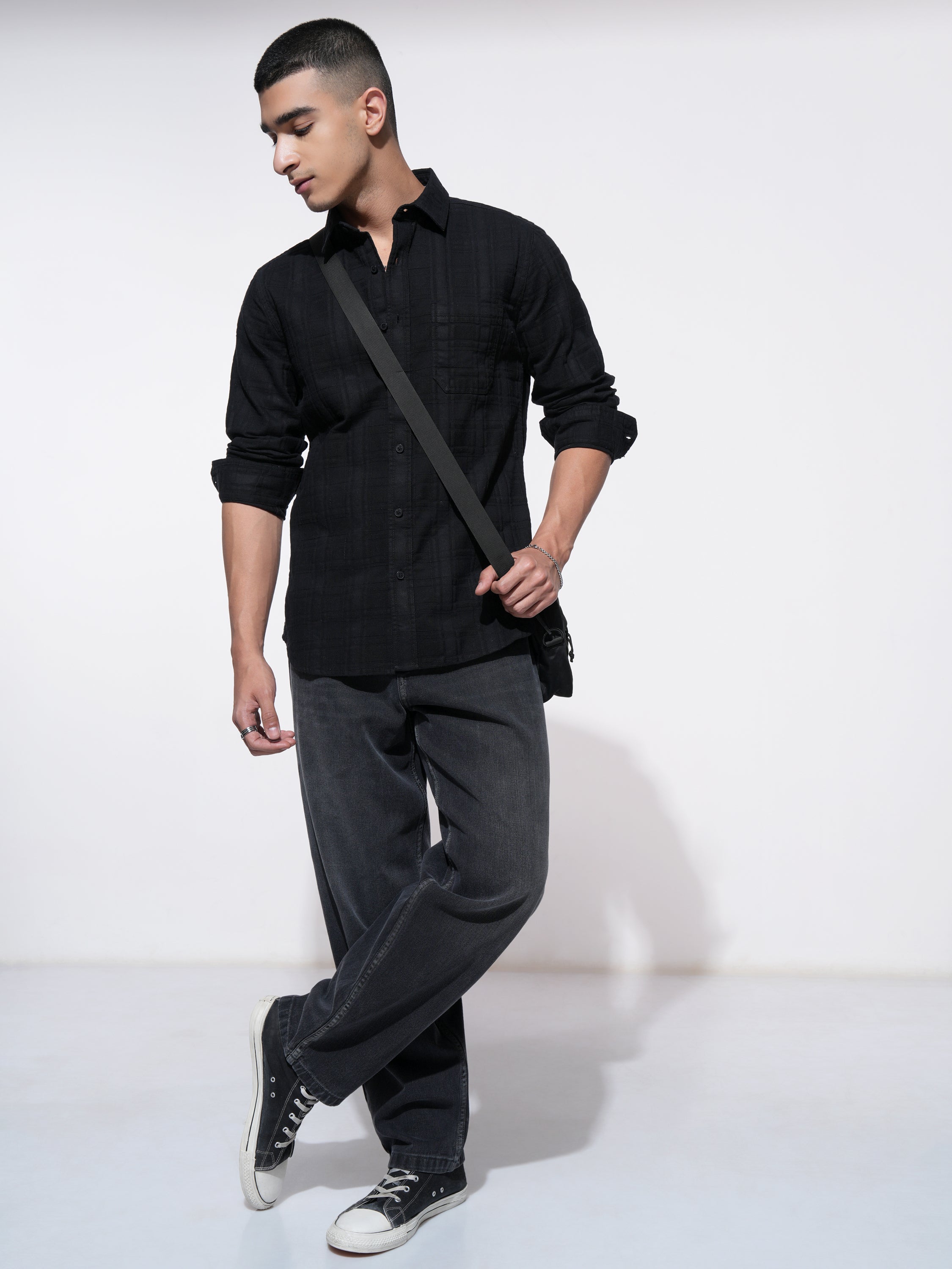 Highlander Men Black Self Design Slim Fit Casual Shirt - Black - Image 2