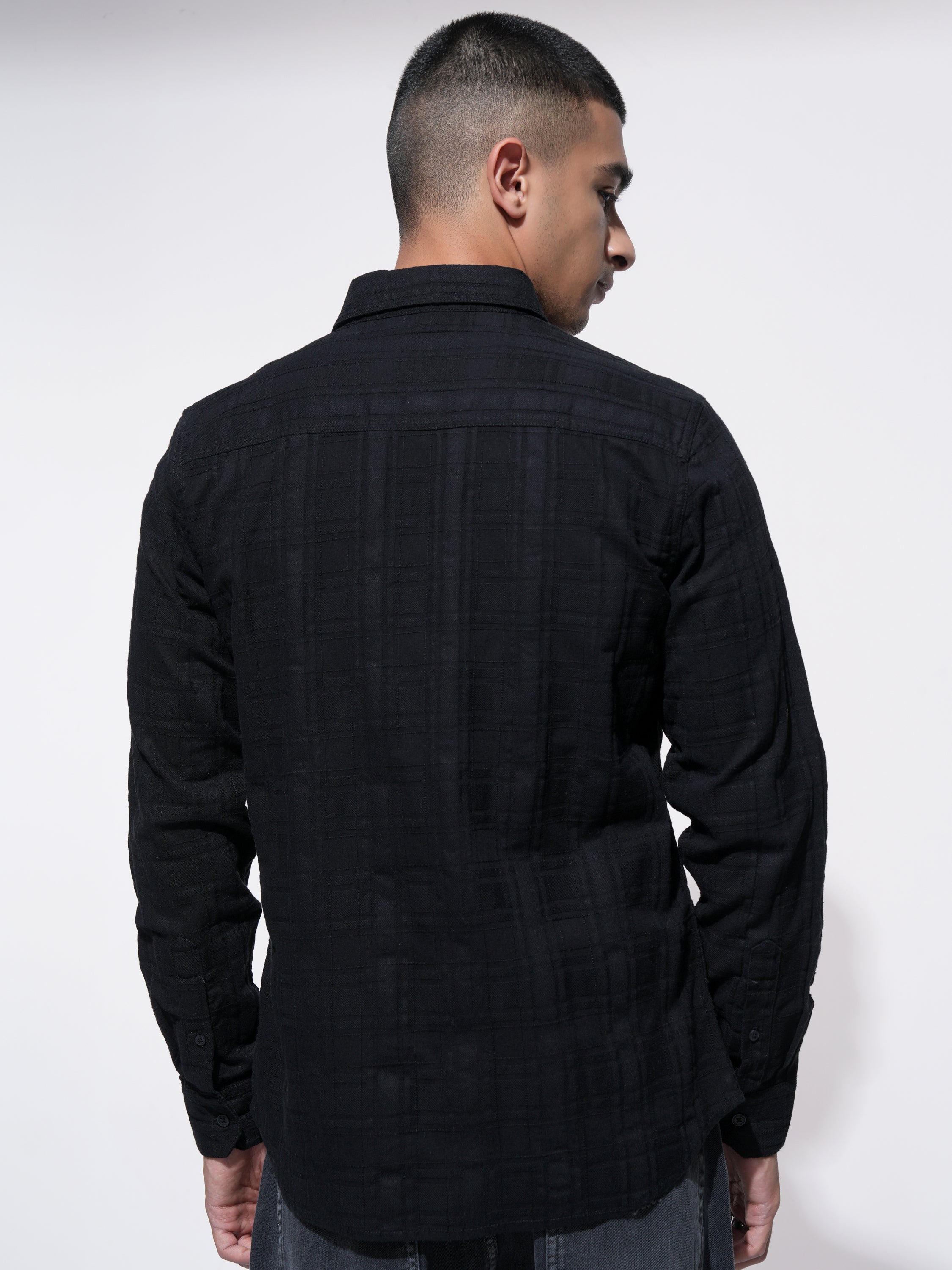 Highlander Men Black Self Design Slim Fit Casual Shirt - Black - Image 3