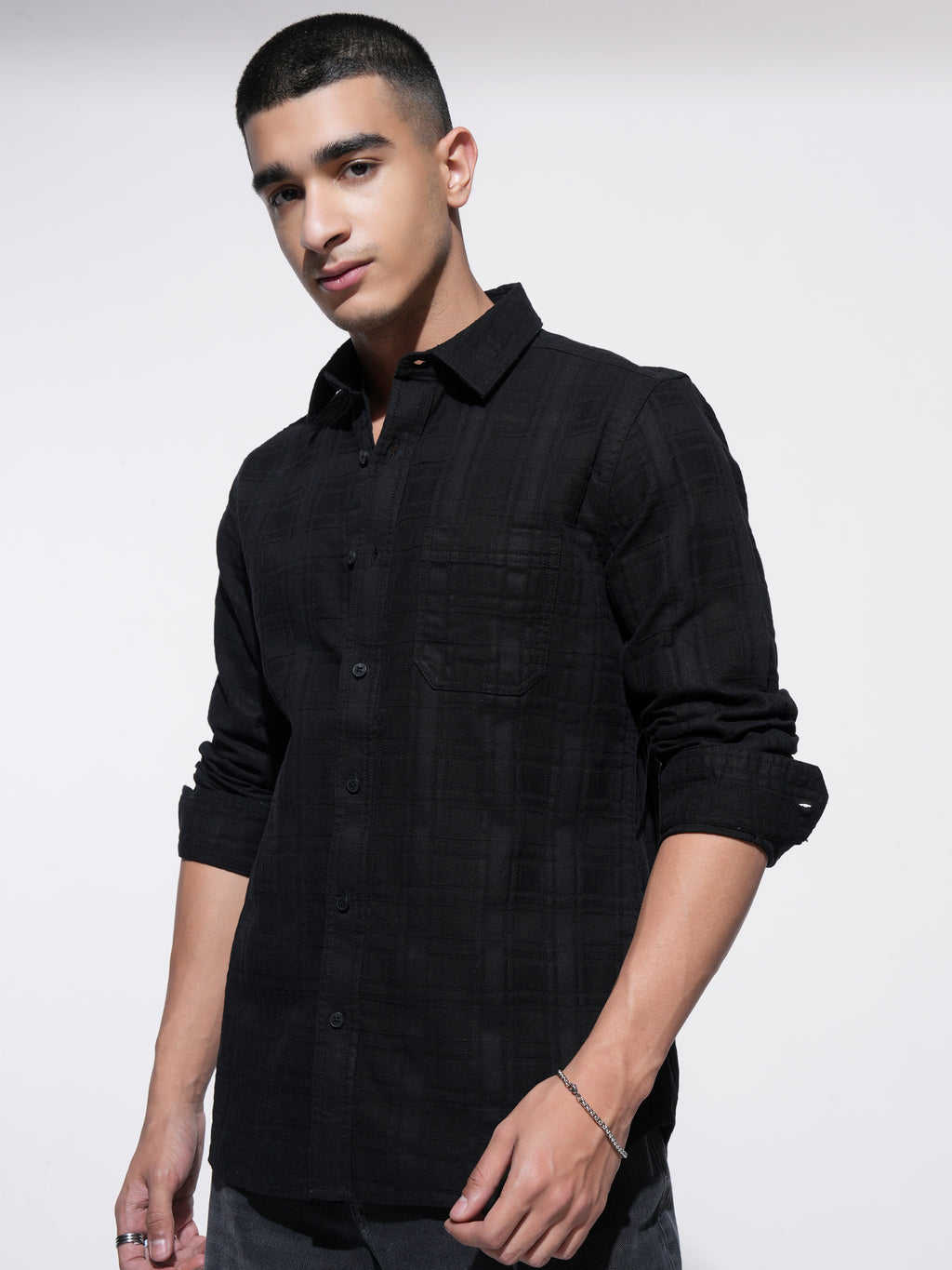 Highlander Men Black Self Design Slim Fit Casual Shirt - Black - Image 4