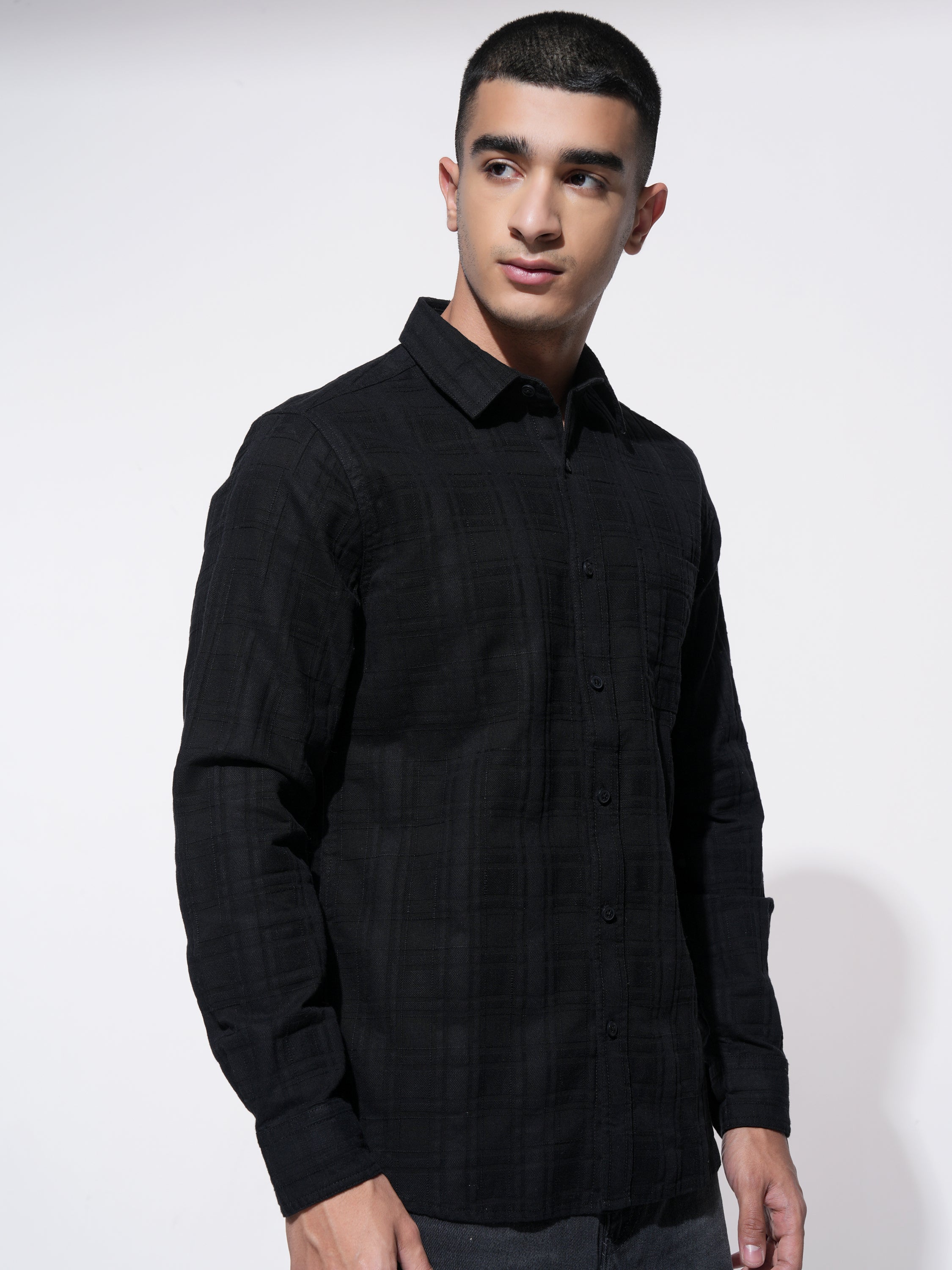 Highlander Men Black Self Design Slim Fit Casual Shirt - Black - Image 6