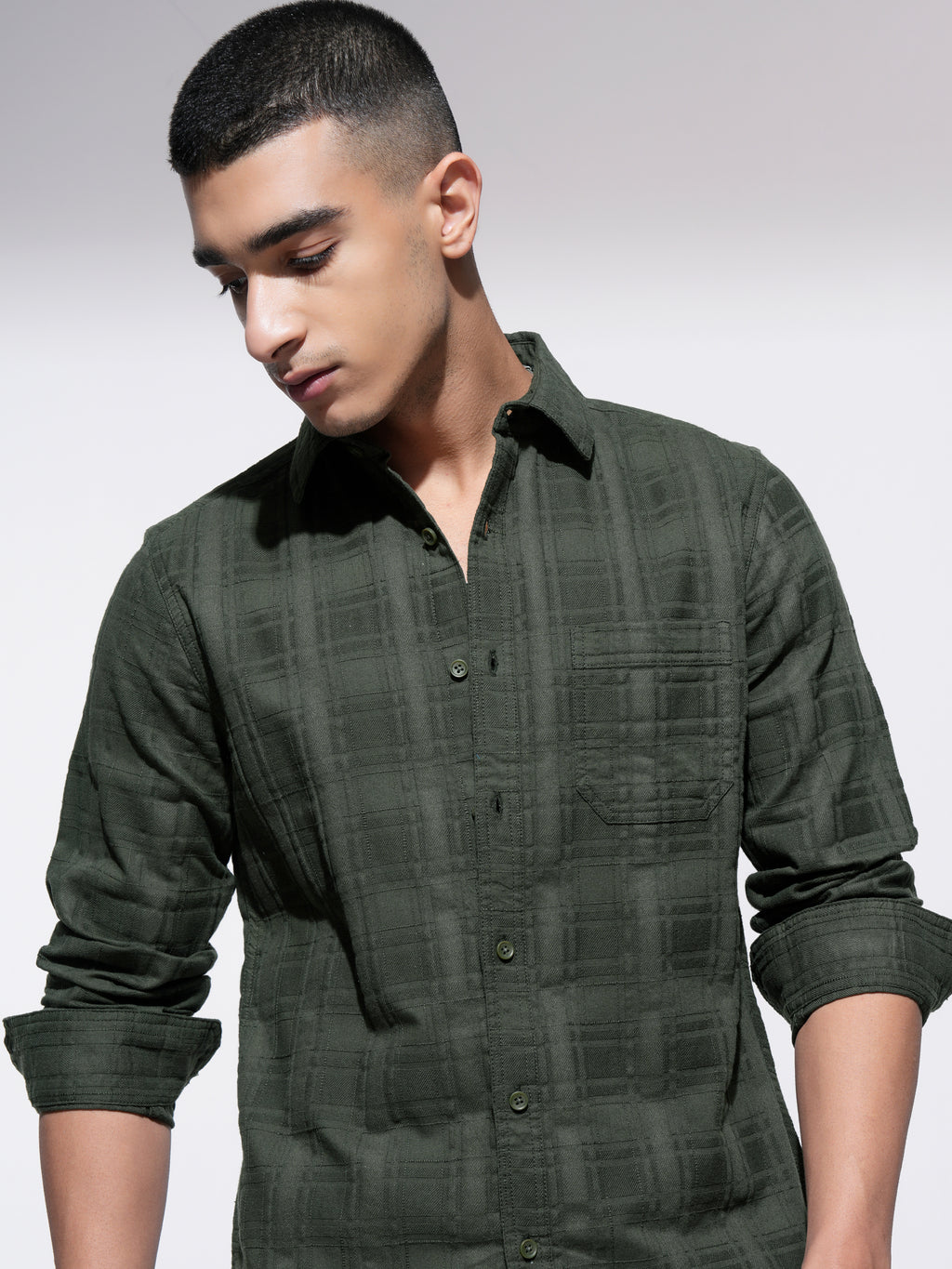 Highlander Men Olive Checked Slim Fit Casual Shirt - Olive - Image 1