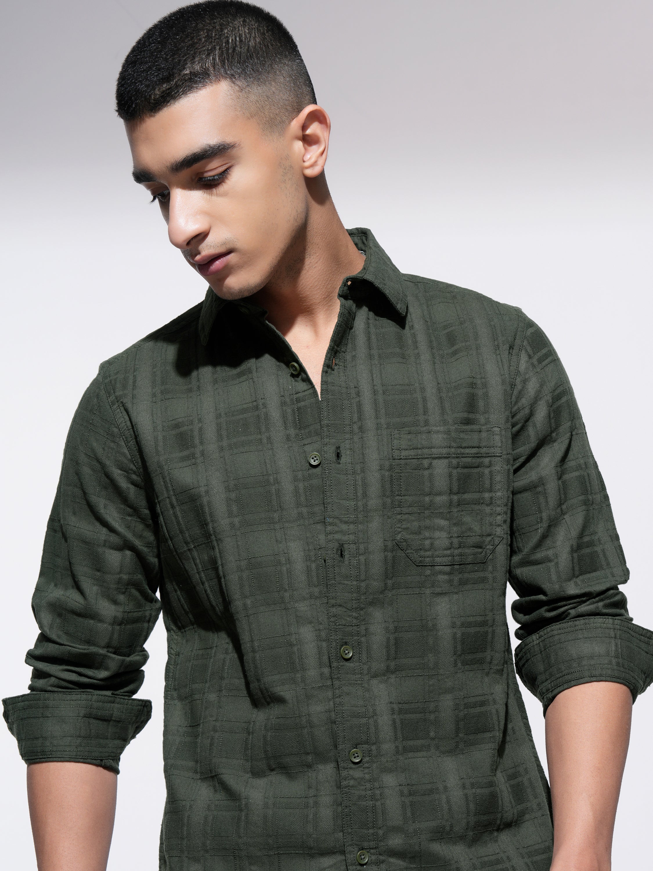Highlander Men Olive Checked Slim Fit Casual Shirt - Olive - Image 1