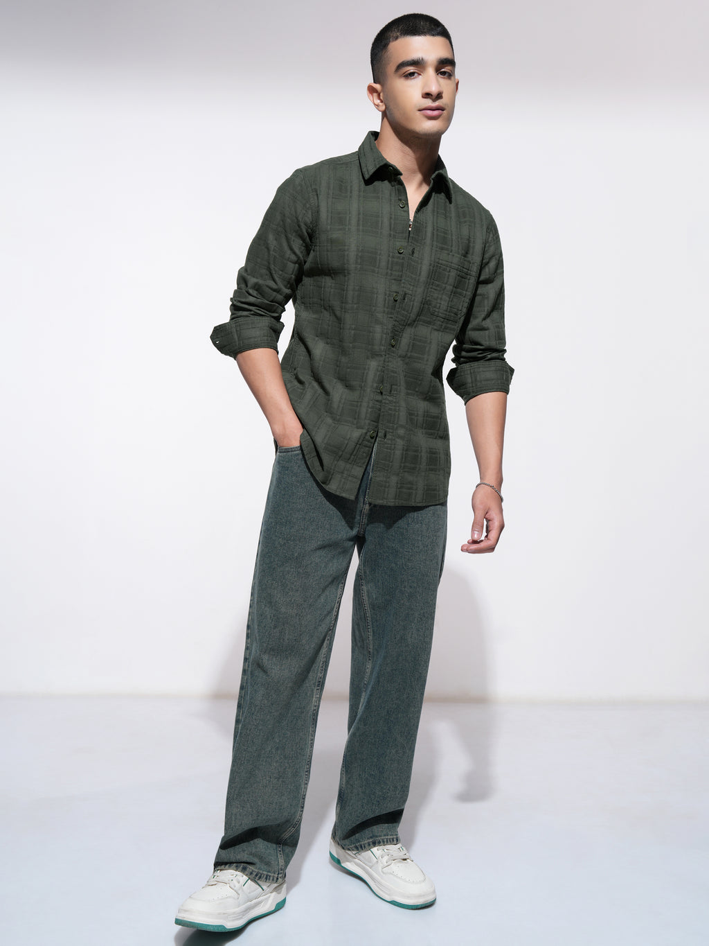 Highlander Men Olive Checked Slim Fit Casual Shirt - Olive - Image 2