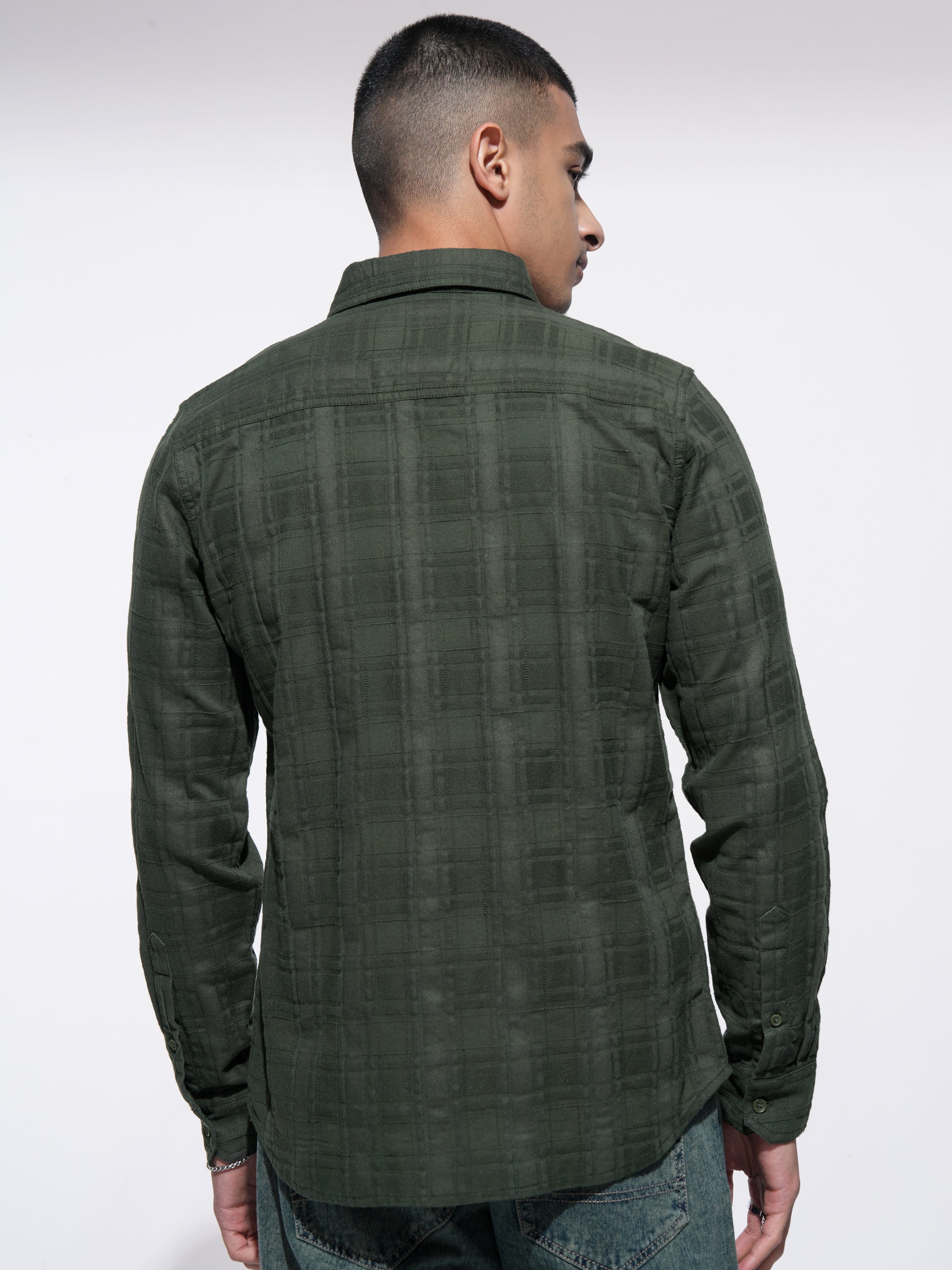 Highlander Men Olive Checked Slim Fit Casual Shirt - Olive - Image 3