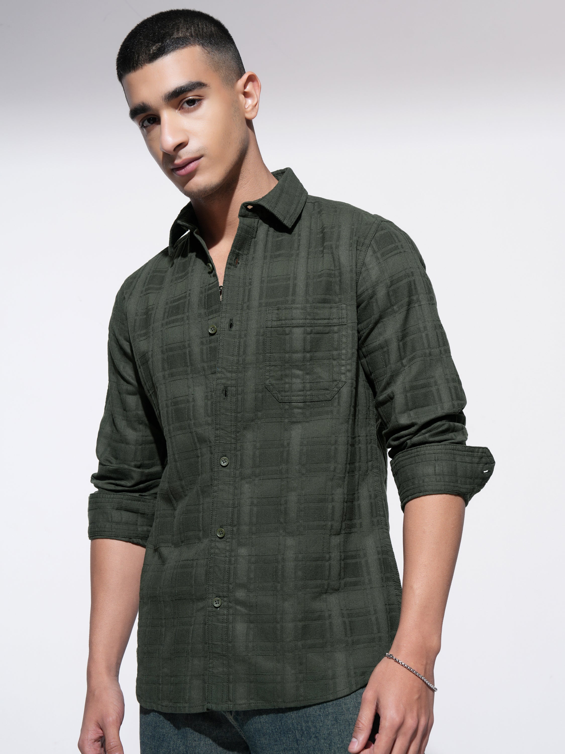 Highlander Men Olive Checked Slim Fit Casual Shirt - Olive - Image 4