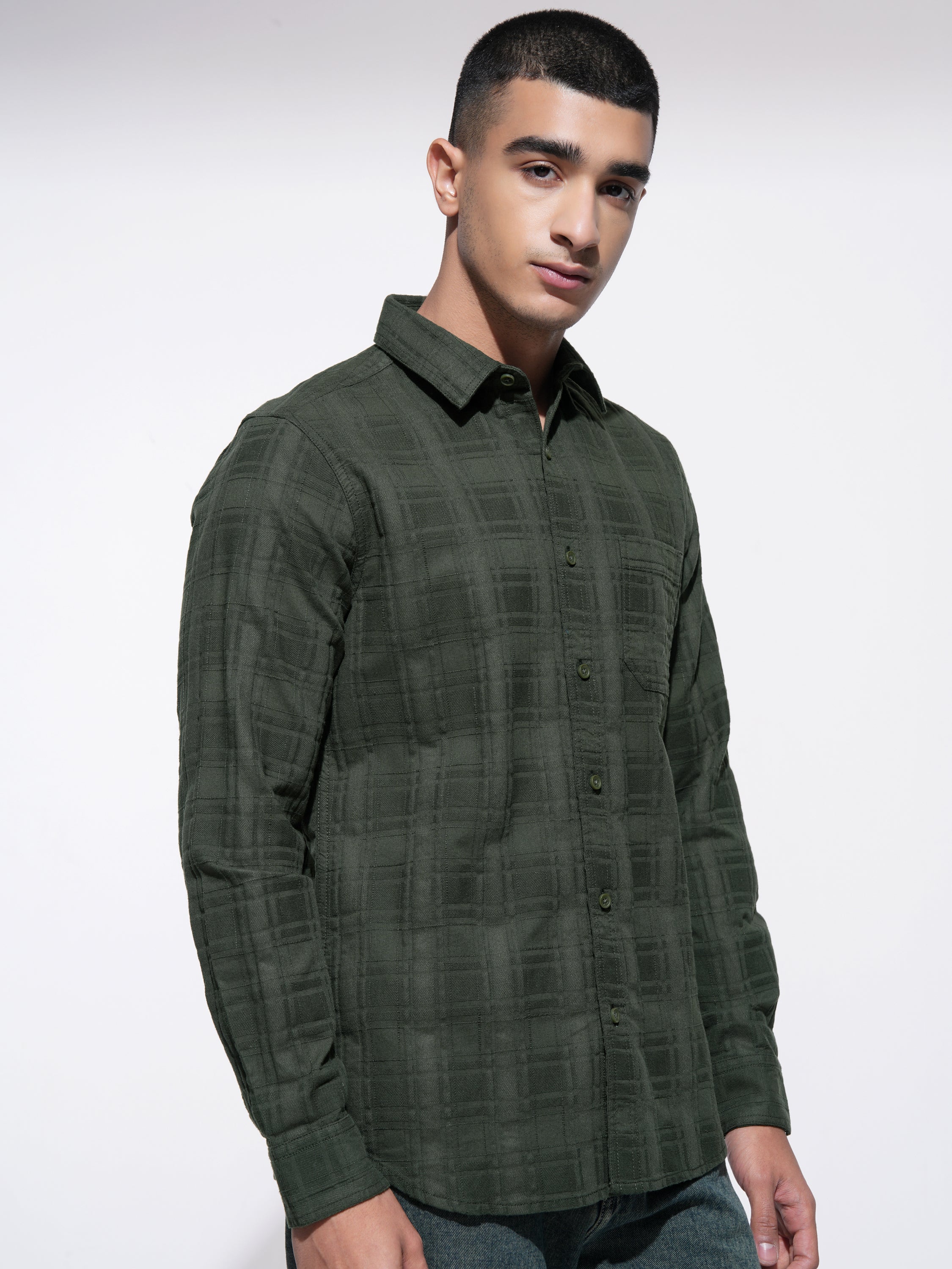 Highlander Men Olive Checked Slim Fit Casual Shirt - Olive - Image 6
