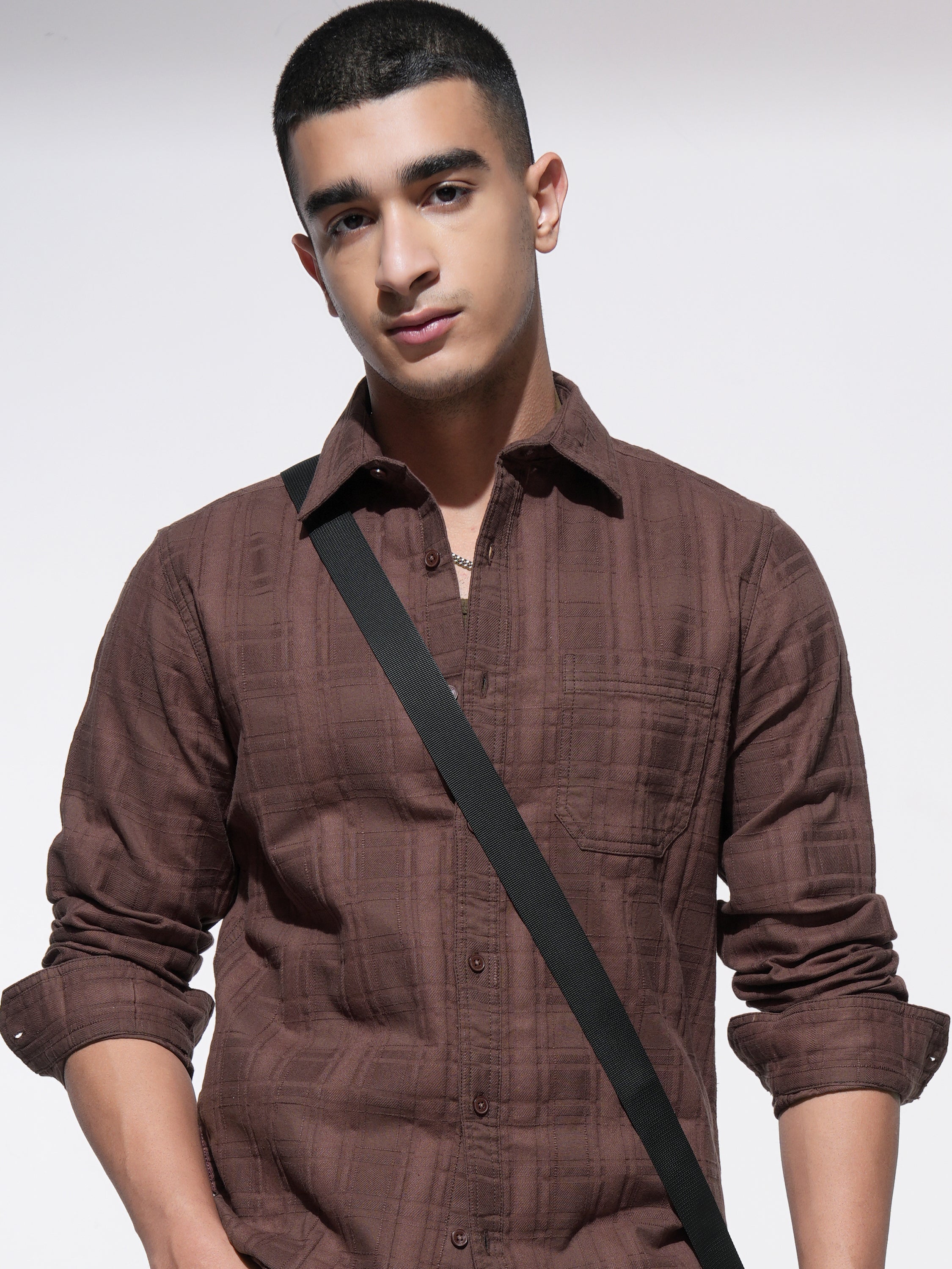 Highlander Men Brown Checked Slim Fit Casual Shirt - Brown - Image 1