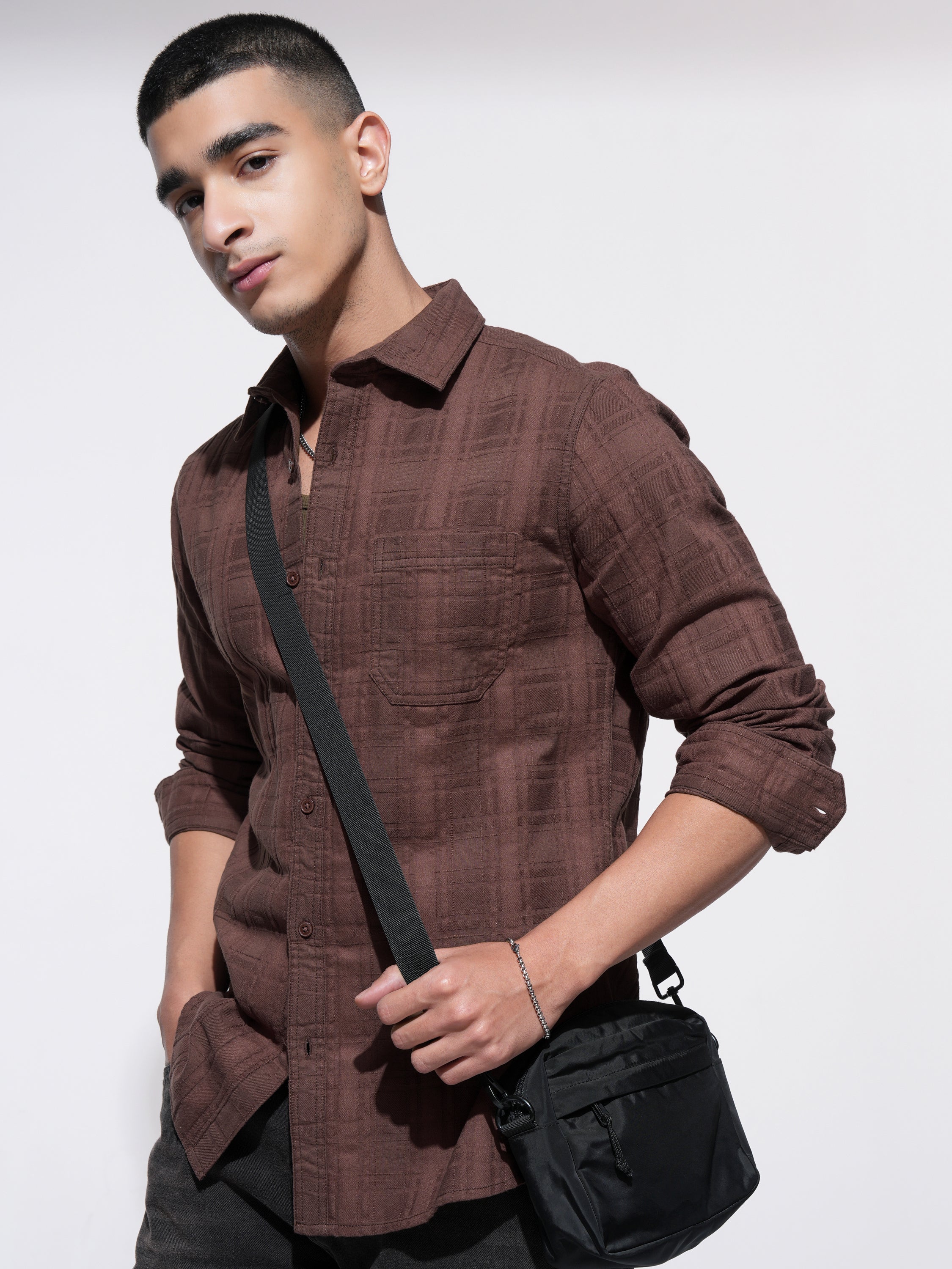 Highlander Men Brown Checked Slim Fit Casual Shirt - Brown - Image 4