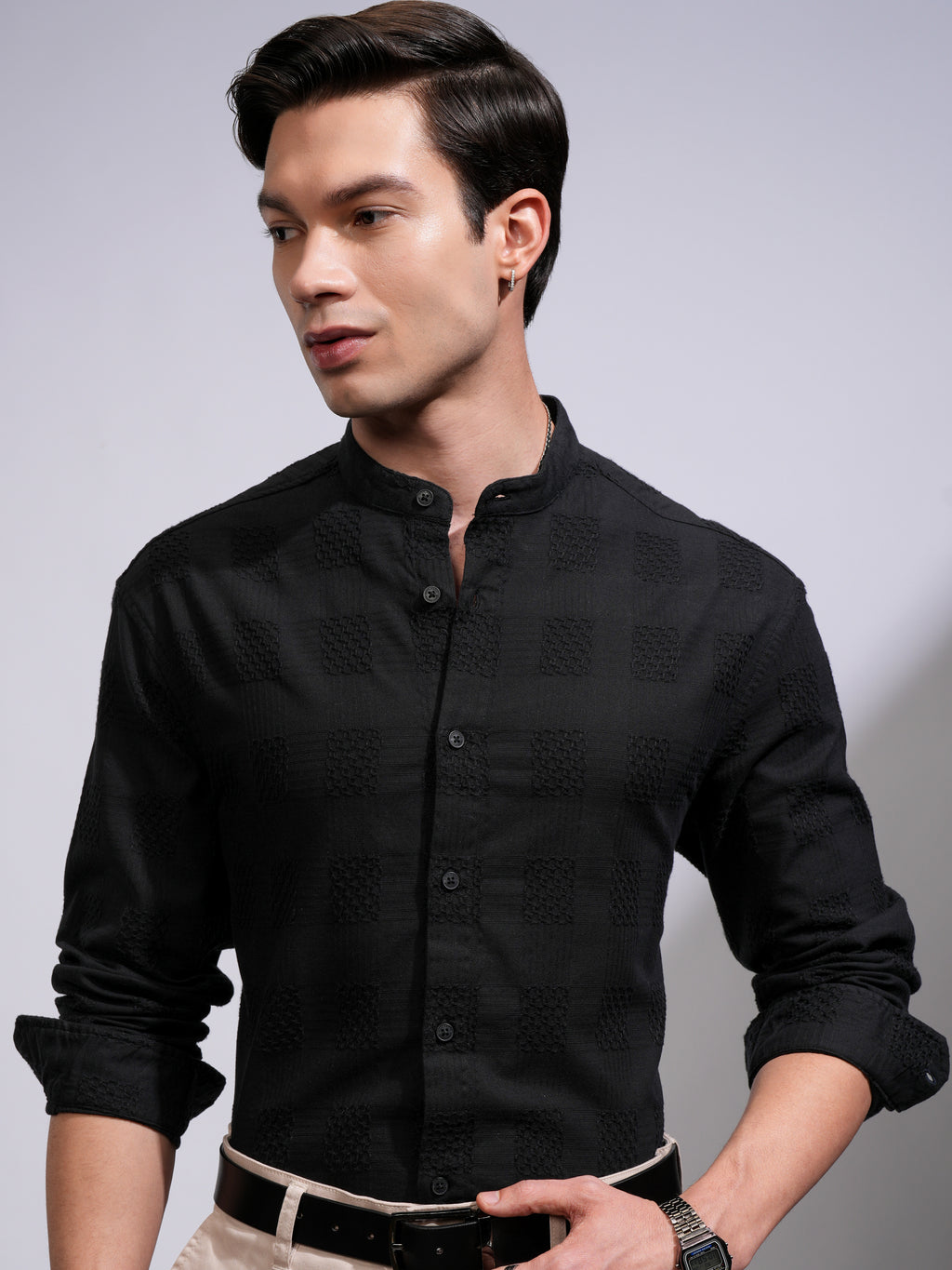 Highlander Men Black Self Design Relaxed Fit Casual Shirt - Black - Image 1