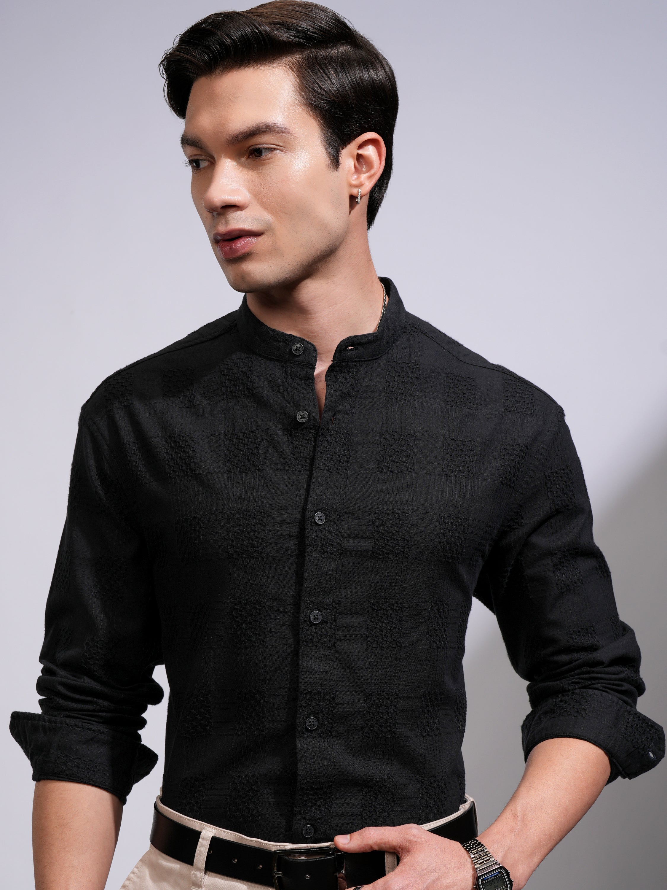 Highlander Men Black Self Design Relaxed Fit Casual Shirt - Black - Image 1