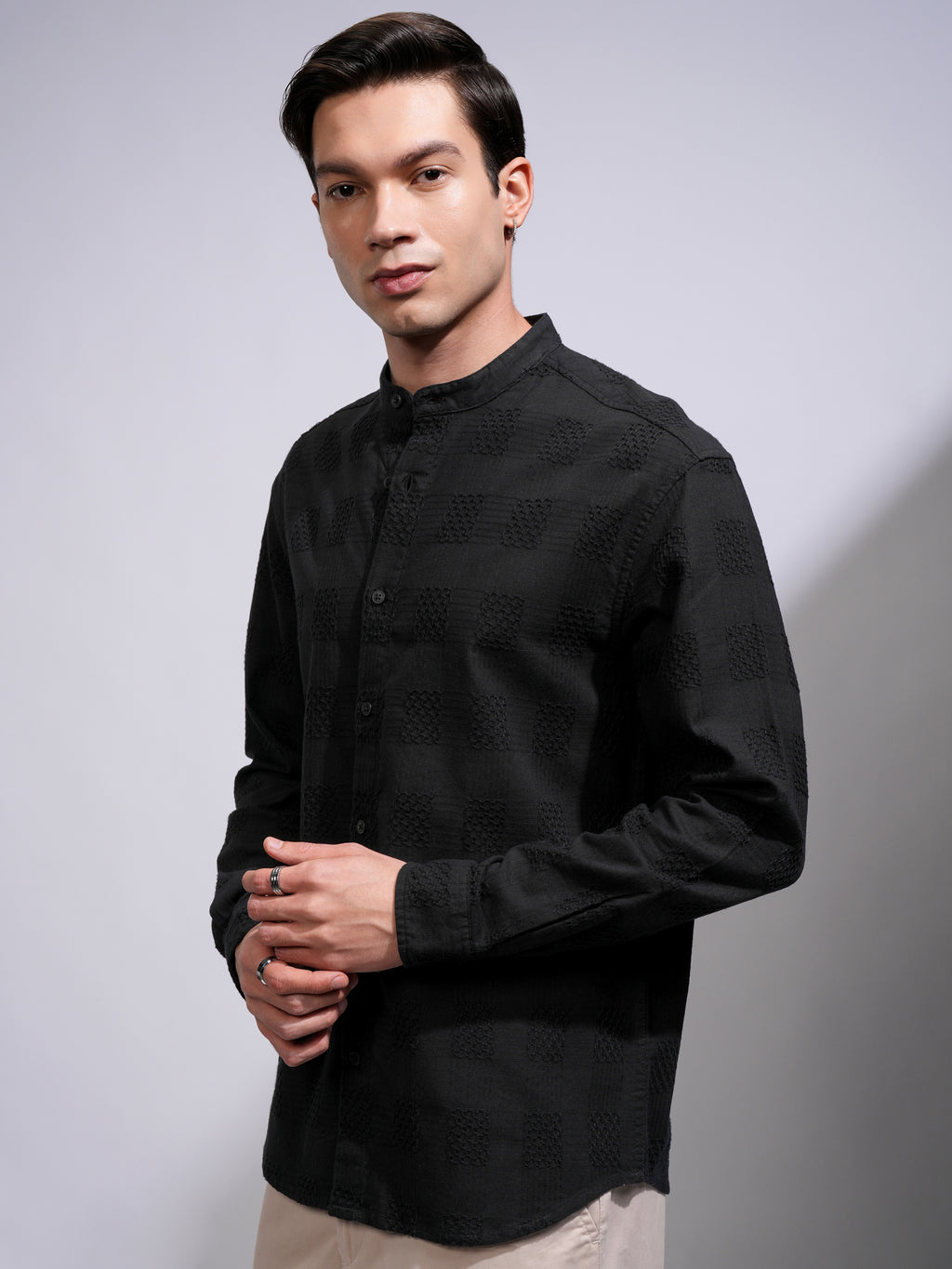 Highlander Men Black Self Design Relaxed Fit Casual Shirt - Black - Image 4