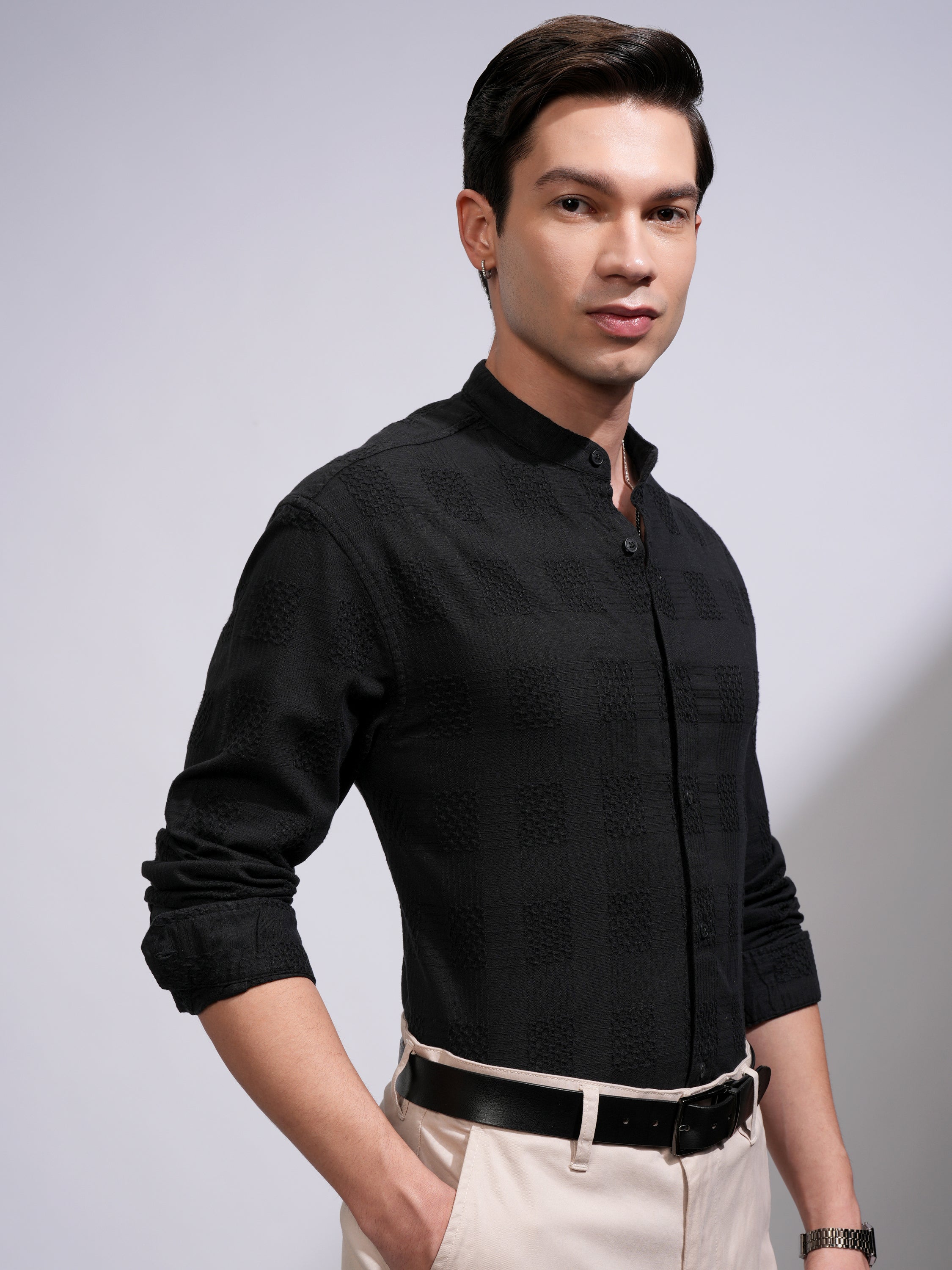 Highlander Men Black Self Design Relaxed Fit Casual Shirt - Black - Image 6