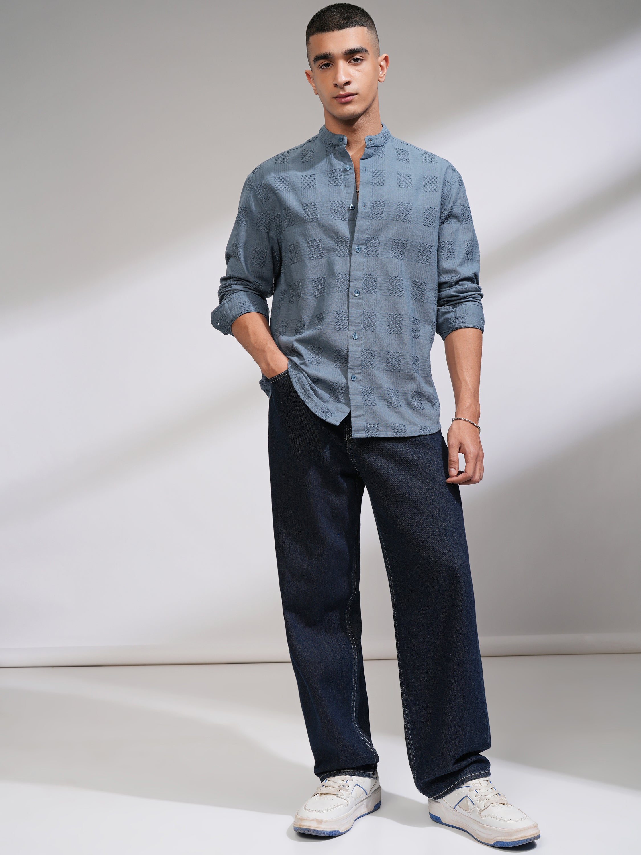 Highlander Men Blue Self Design Relaxed Fit Casual Shirt - Blue - Image 2