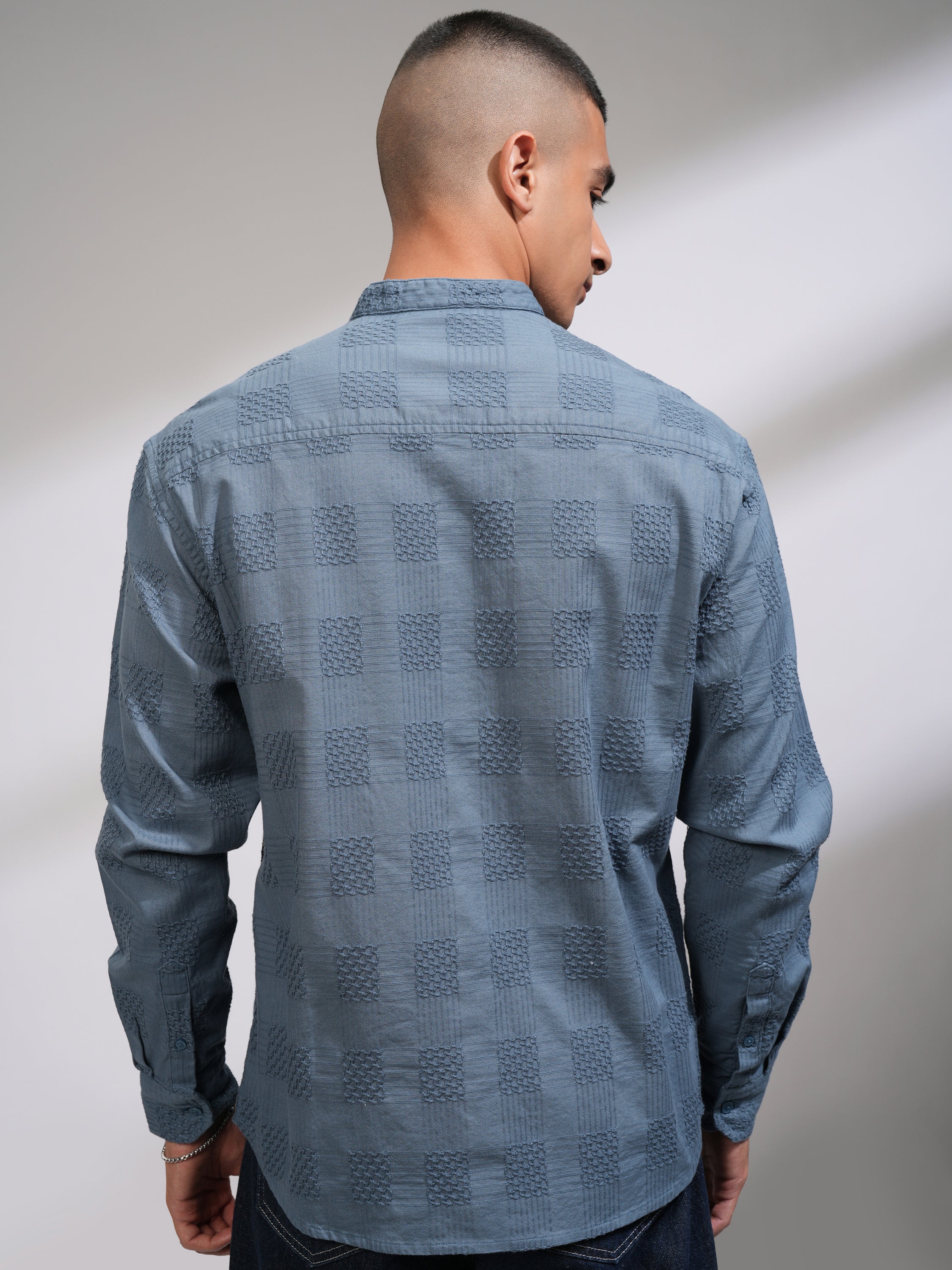 Highlander Men Blue Self Design Relaxed Fit Casual Shirt - Blue - Image 3