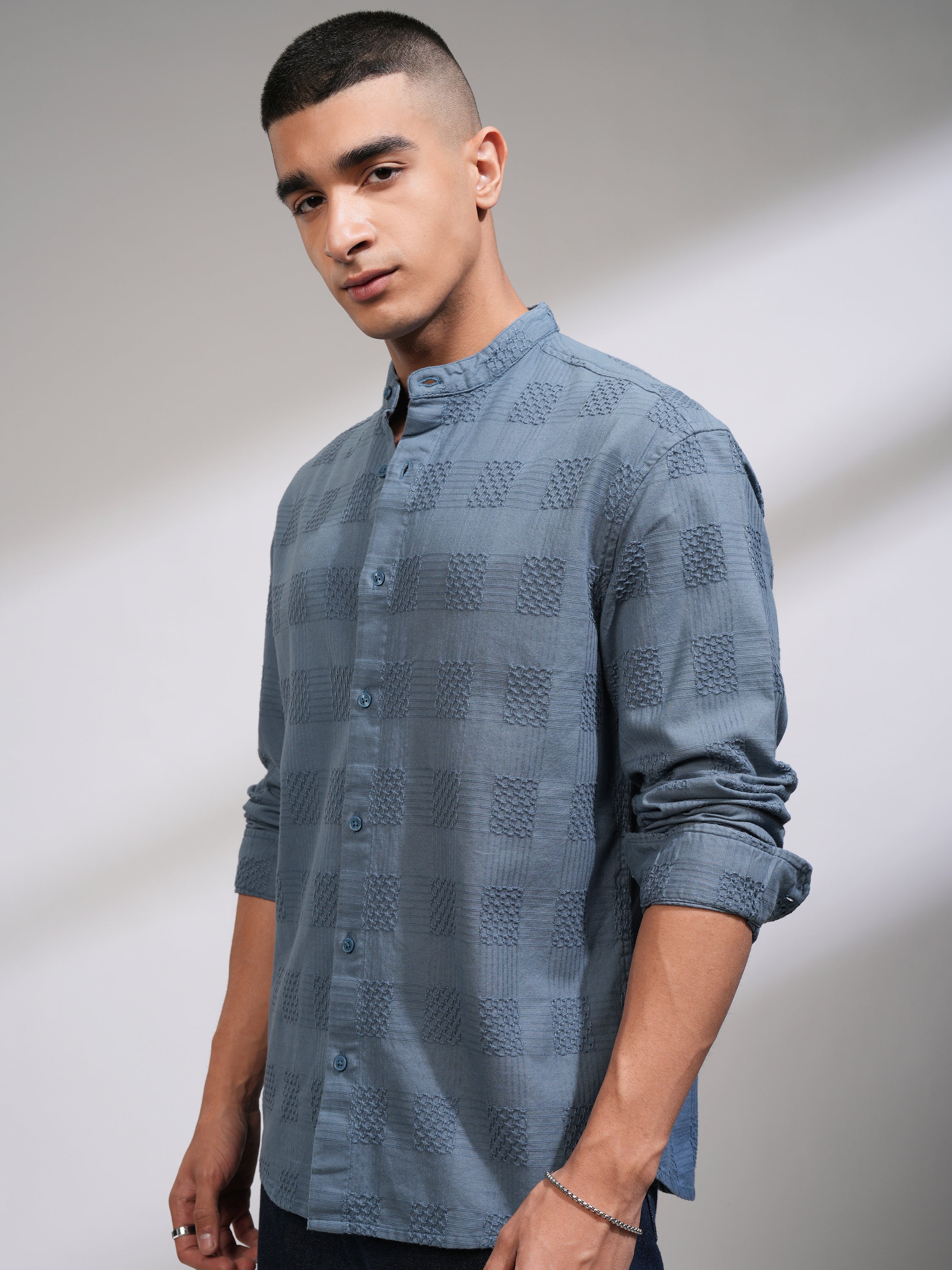 Highlander Men Blue Self Design Relaxed Fit Casual Shirt - Blue - Image 4