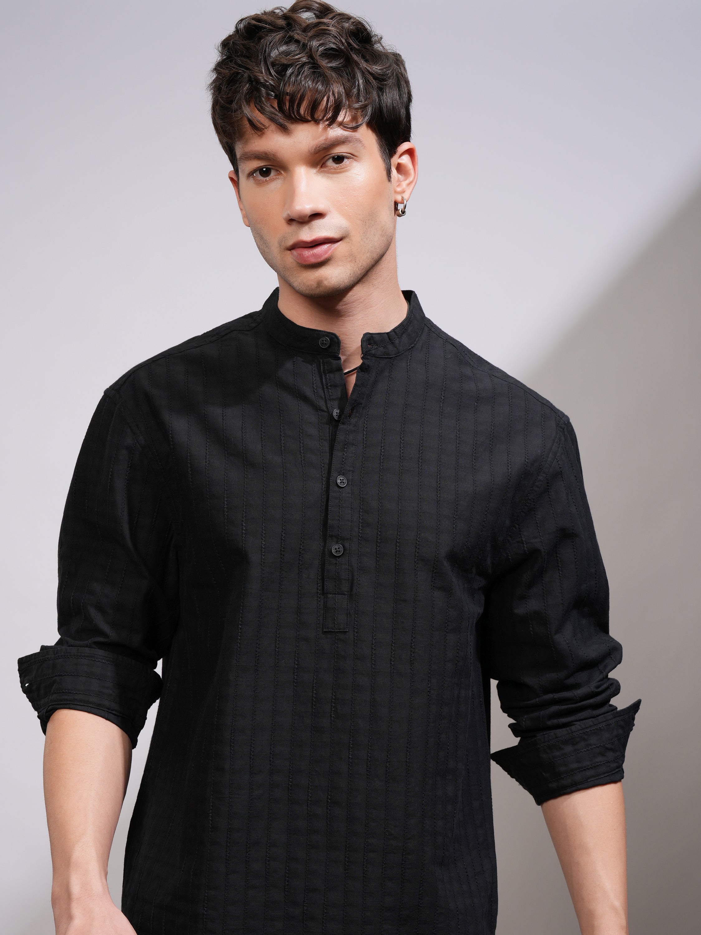 Highlander Men Black Self Design Relaxed Fit Casual Shirt - Black - Image 1
