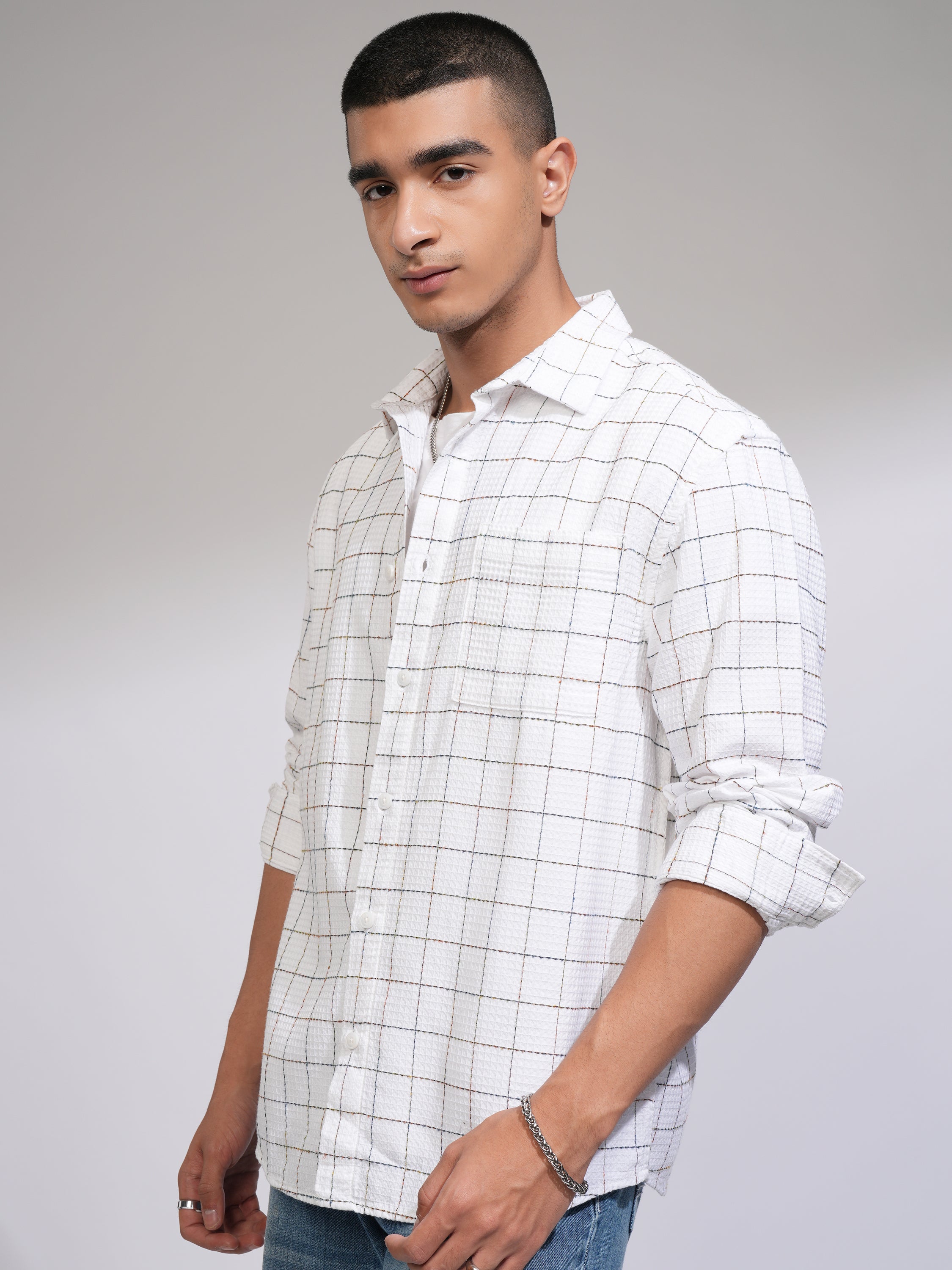 Highlander Men White Checked Relaxed Fit Casual Shirt - White - Image 4