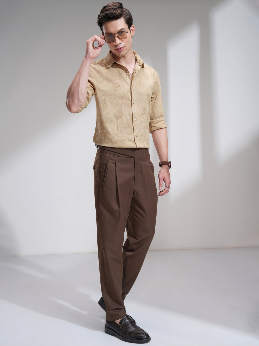 Highlander Men Beige Self Design Slim Fit Casual Shirt - Beige - Image 2