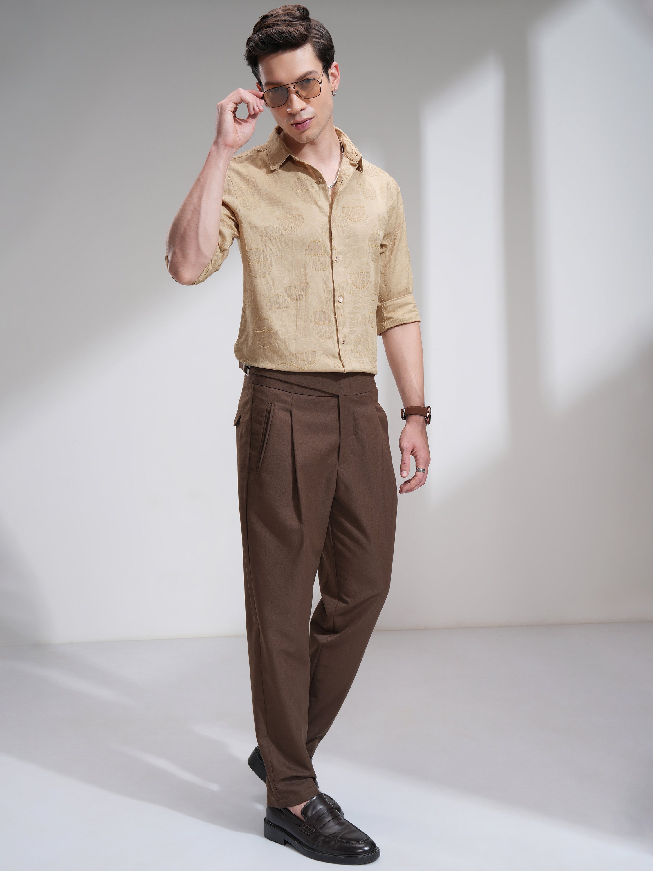 Highlander Men Beige Self Design Slim Fit Casual Shirt - Beige - Image 2