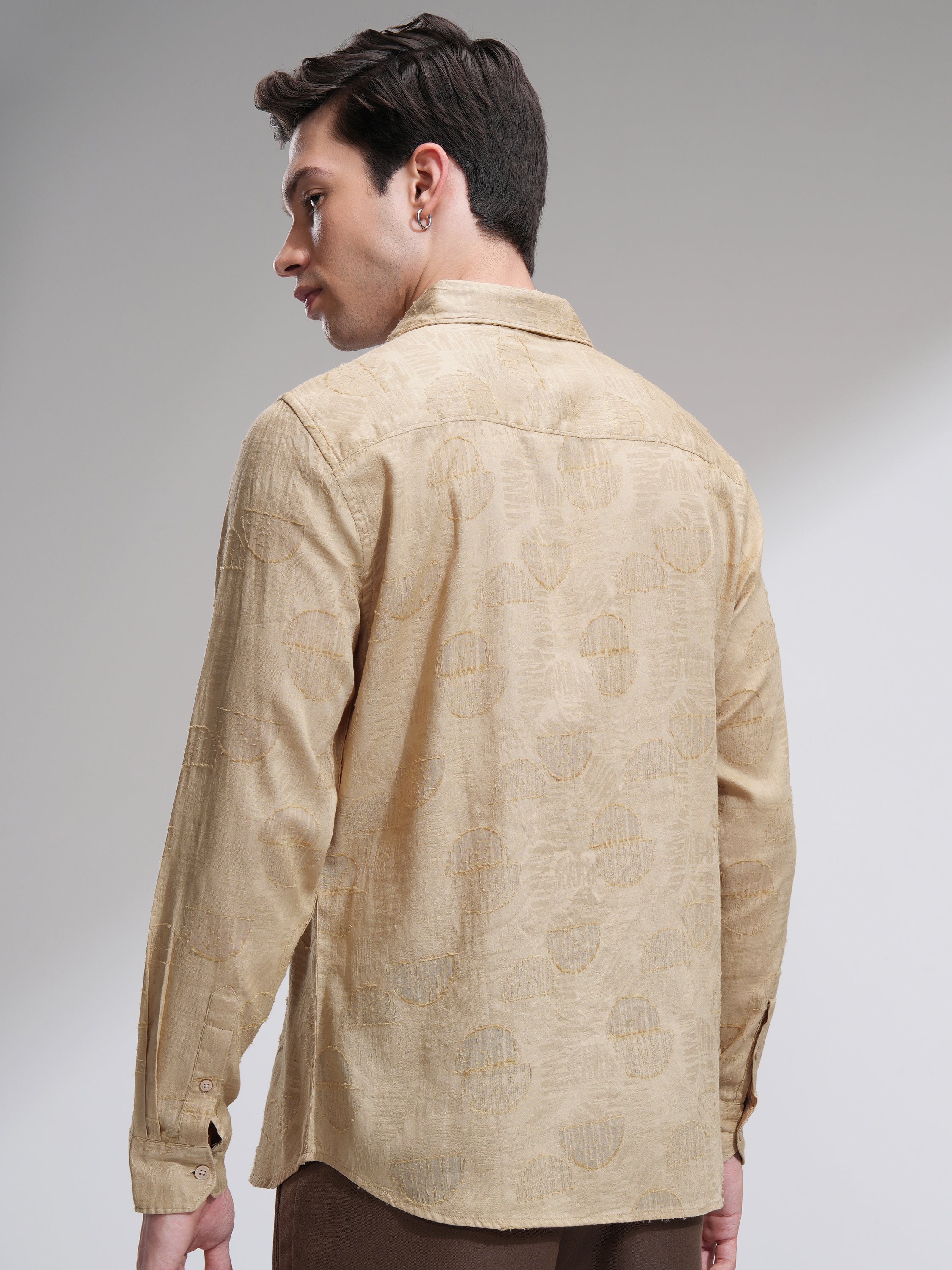 Highlander Men Beige Self Design Slim Fit Casual Shirt - Beige - Image 3