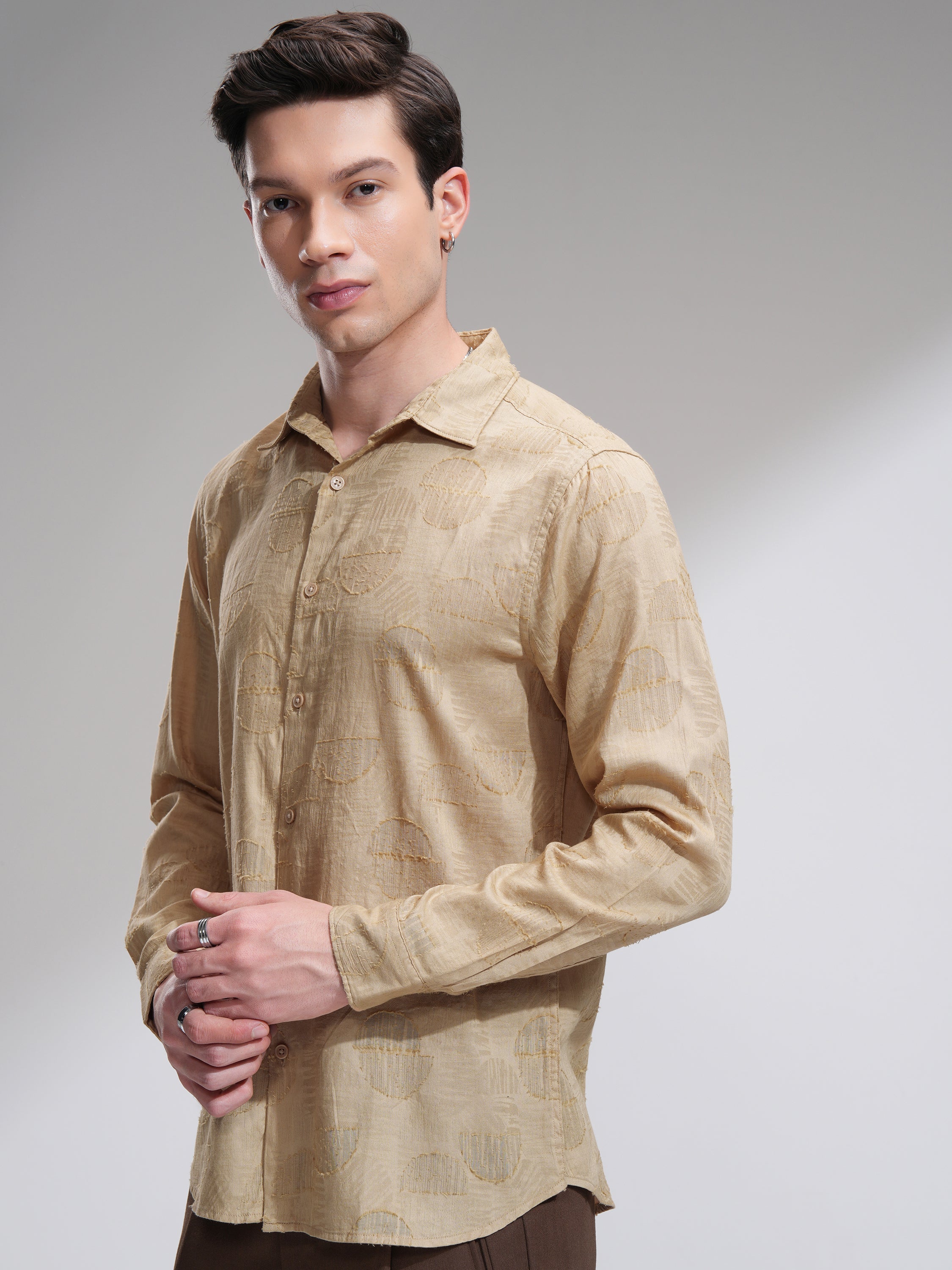 Highlander Men Beige Self Design Slim Fit Casual Shirt - Beige - Image 4