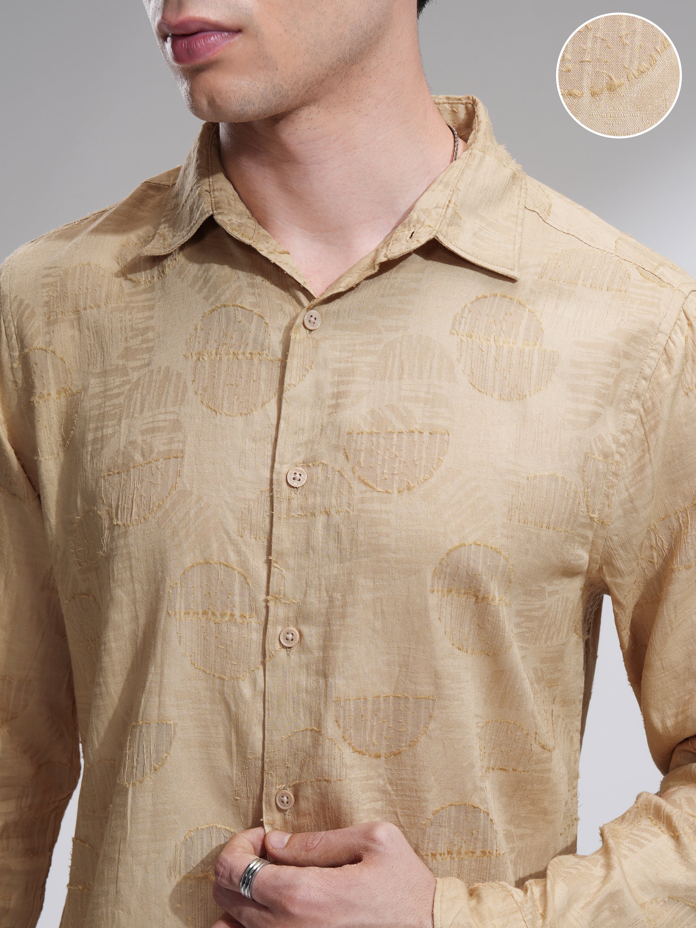 Highlander Men Beige Self Design Slim Fit Casual Shirt - Beige - Image 5