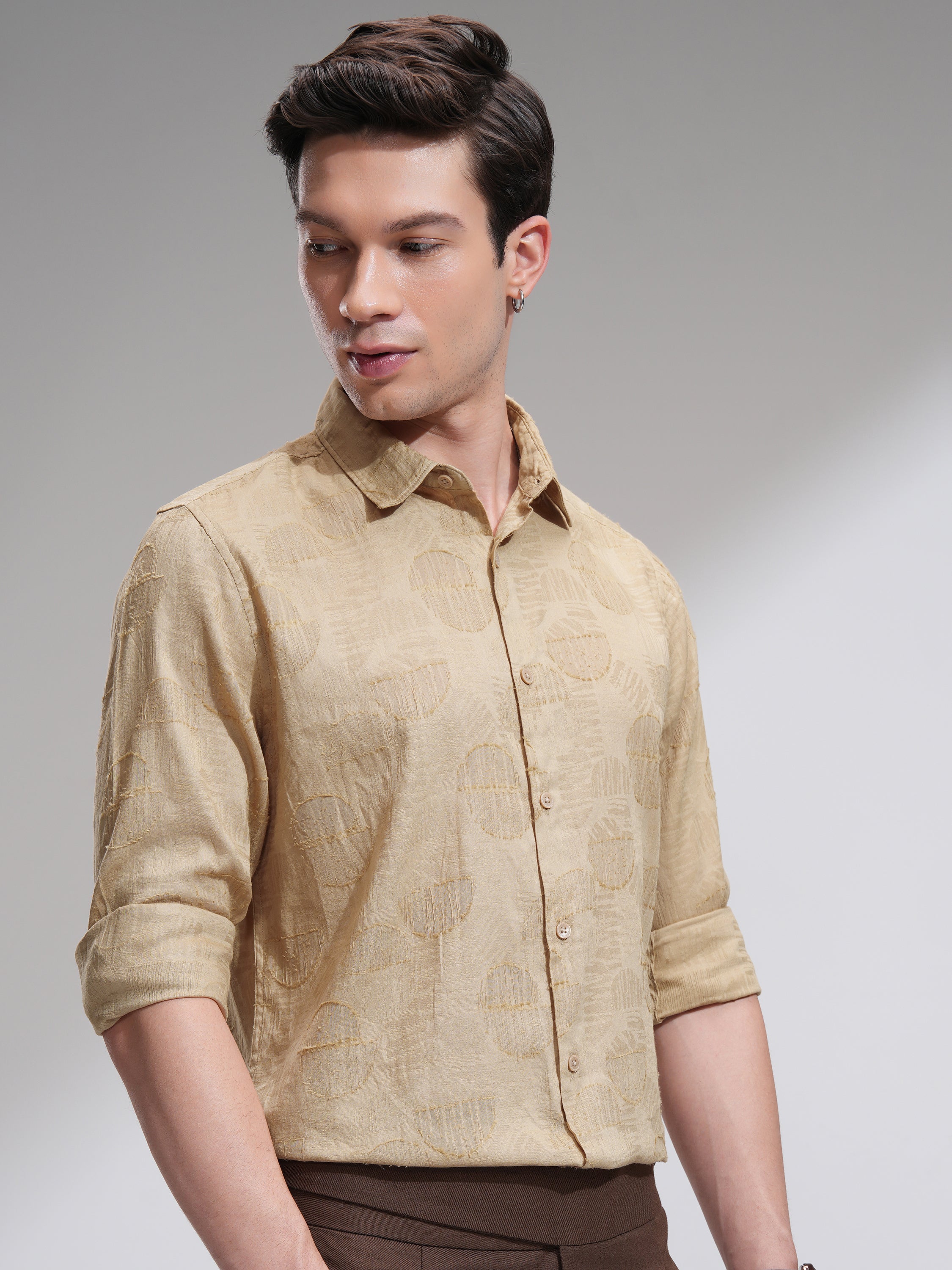 Highlander Men Beige Self Design Slim Fit Casual Shirt - Beige - Image 6