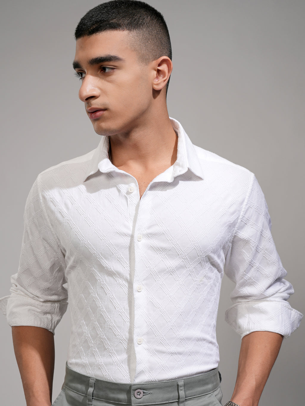 Highlander Men White Textured Slim Fit Casual Shirt - White - Image 1