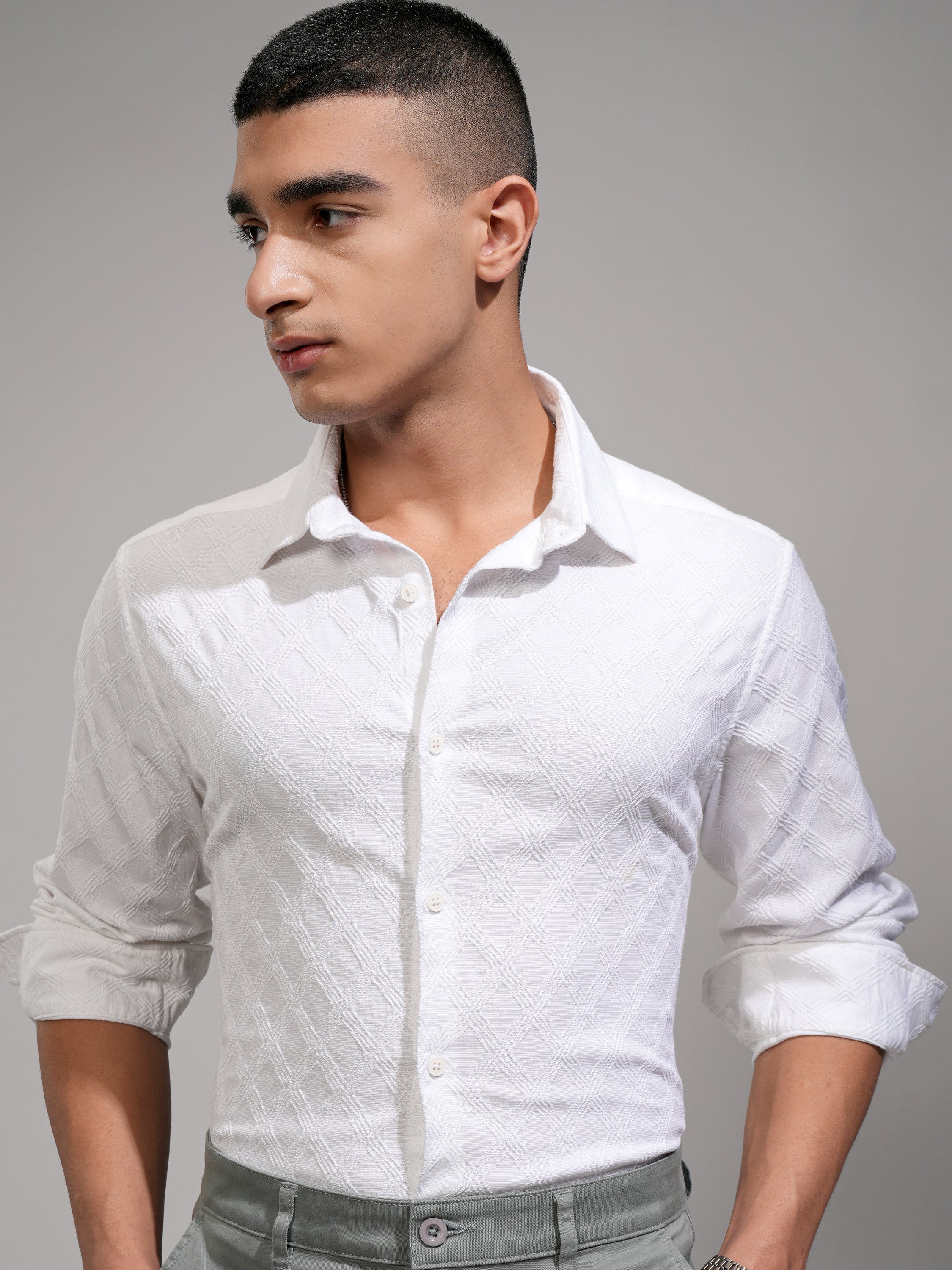 Highlander Men White Textured Slim Fit Casual Shirt - White - Image 1