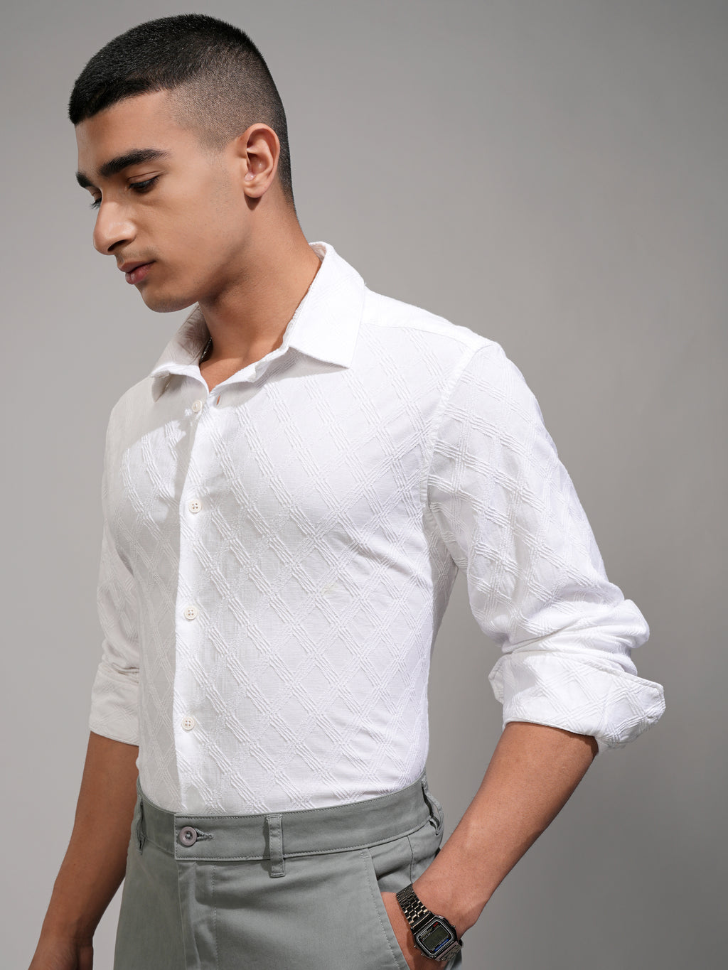 Highlander Men White Textured Slim Fit Casual Shirt - White - Image 4