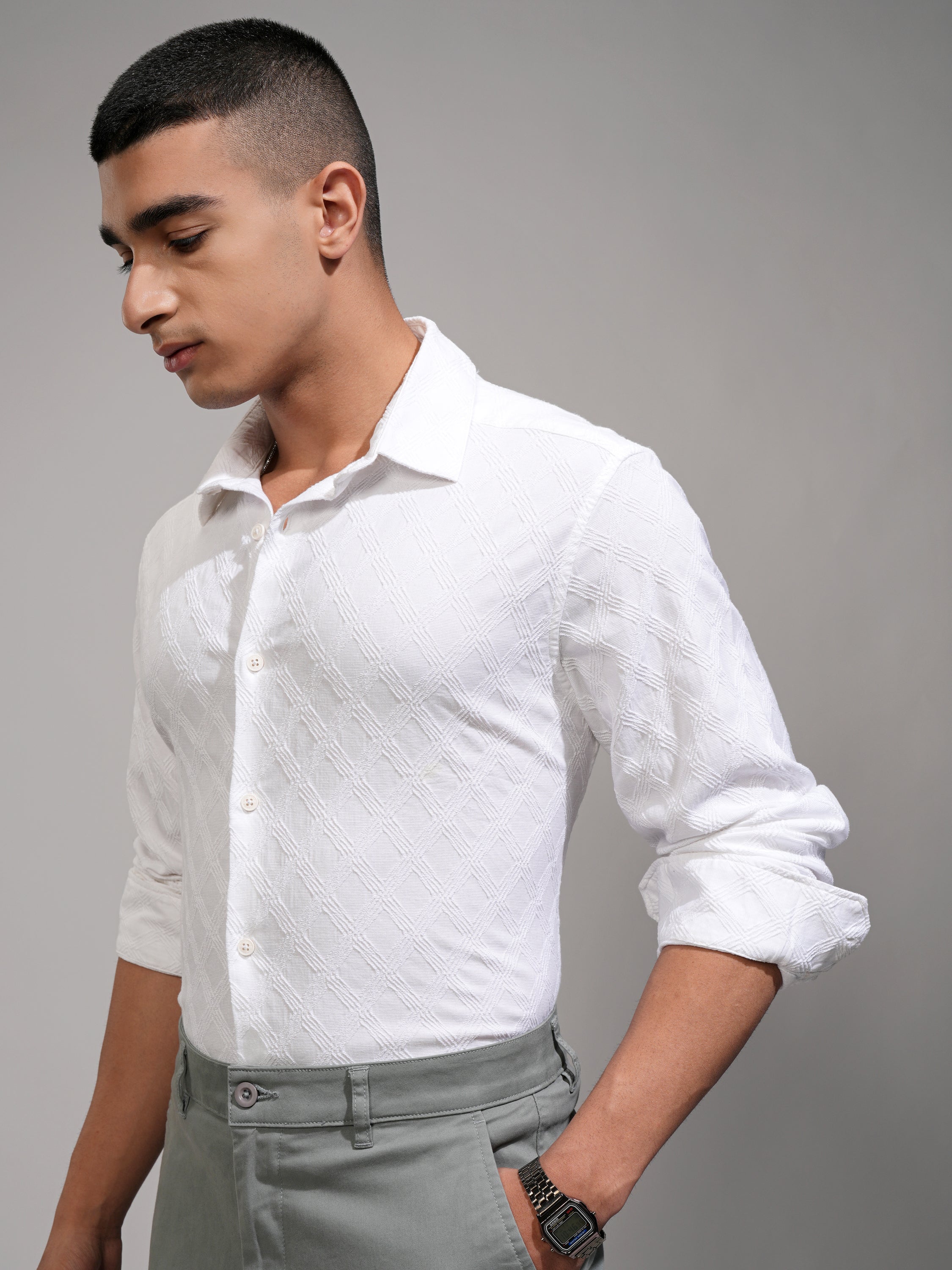 Highlander Men White Textured Slim Fit Casual Shirt - White - Image 4