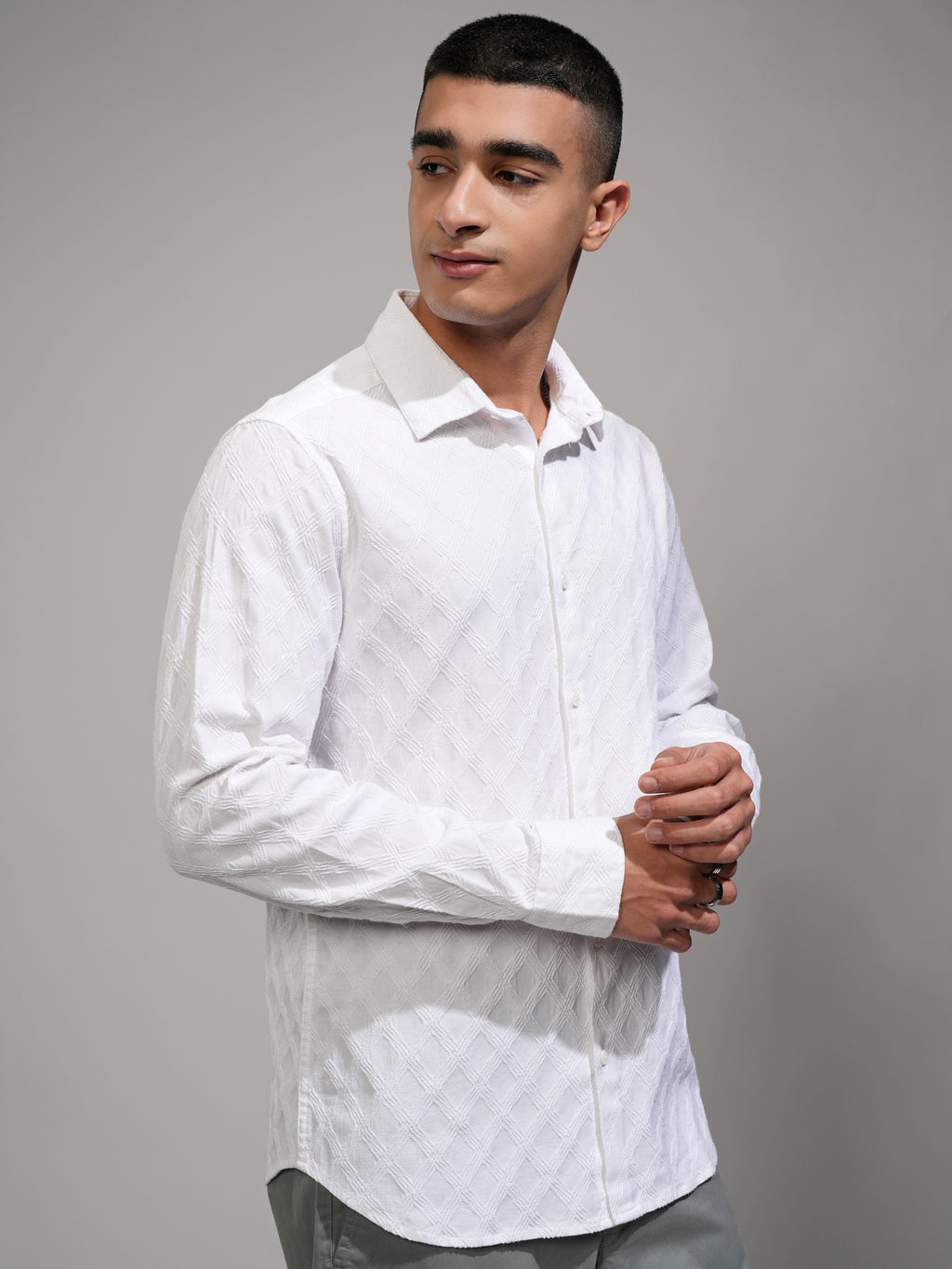 Highlander Men White Textured Slim Fit Casual Shirt - White - Image 6