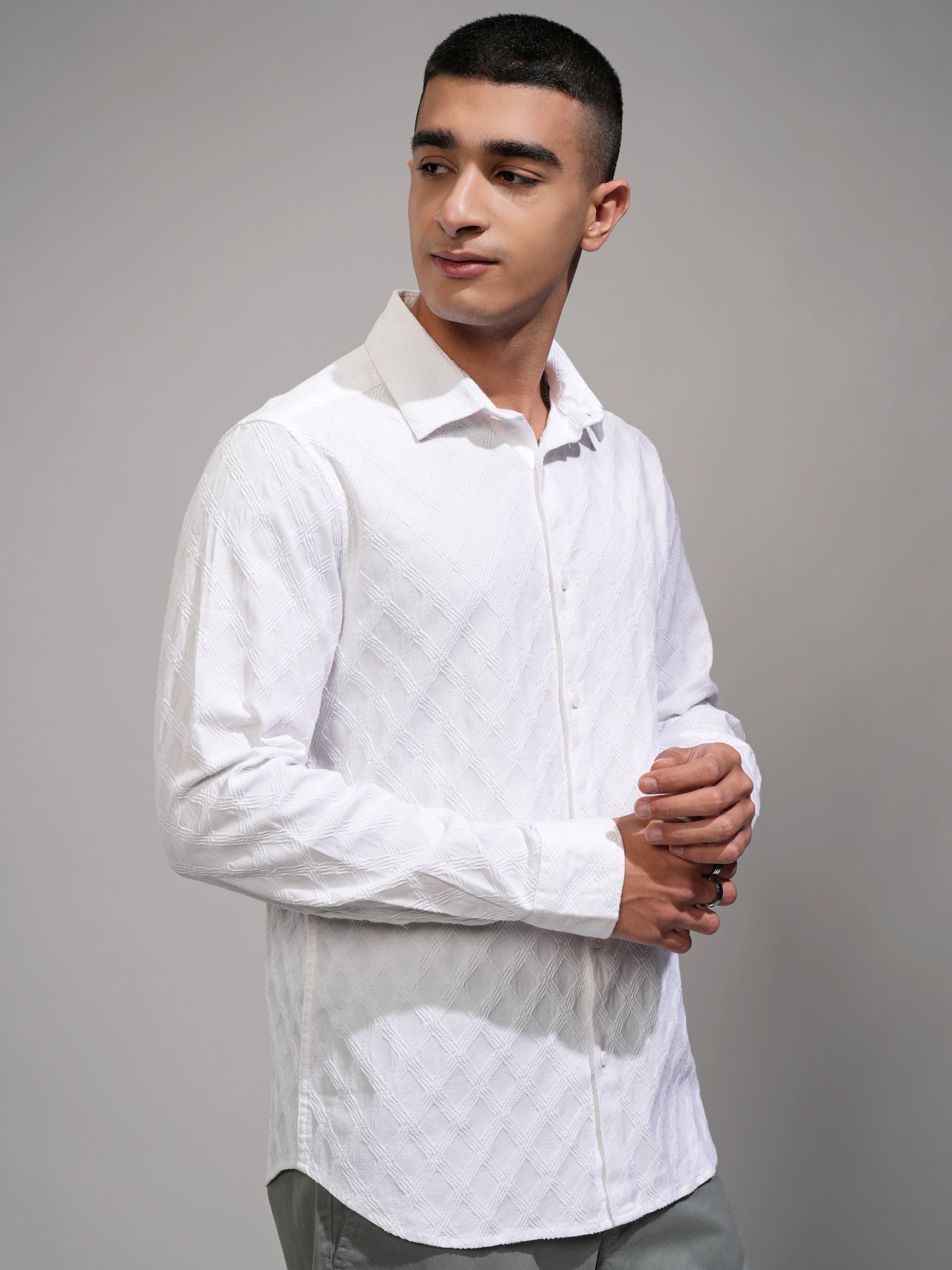 Highlander Men White Textured Slim Fit Casual Shirt - White - Image 6