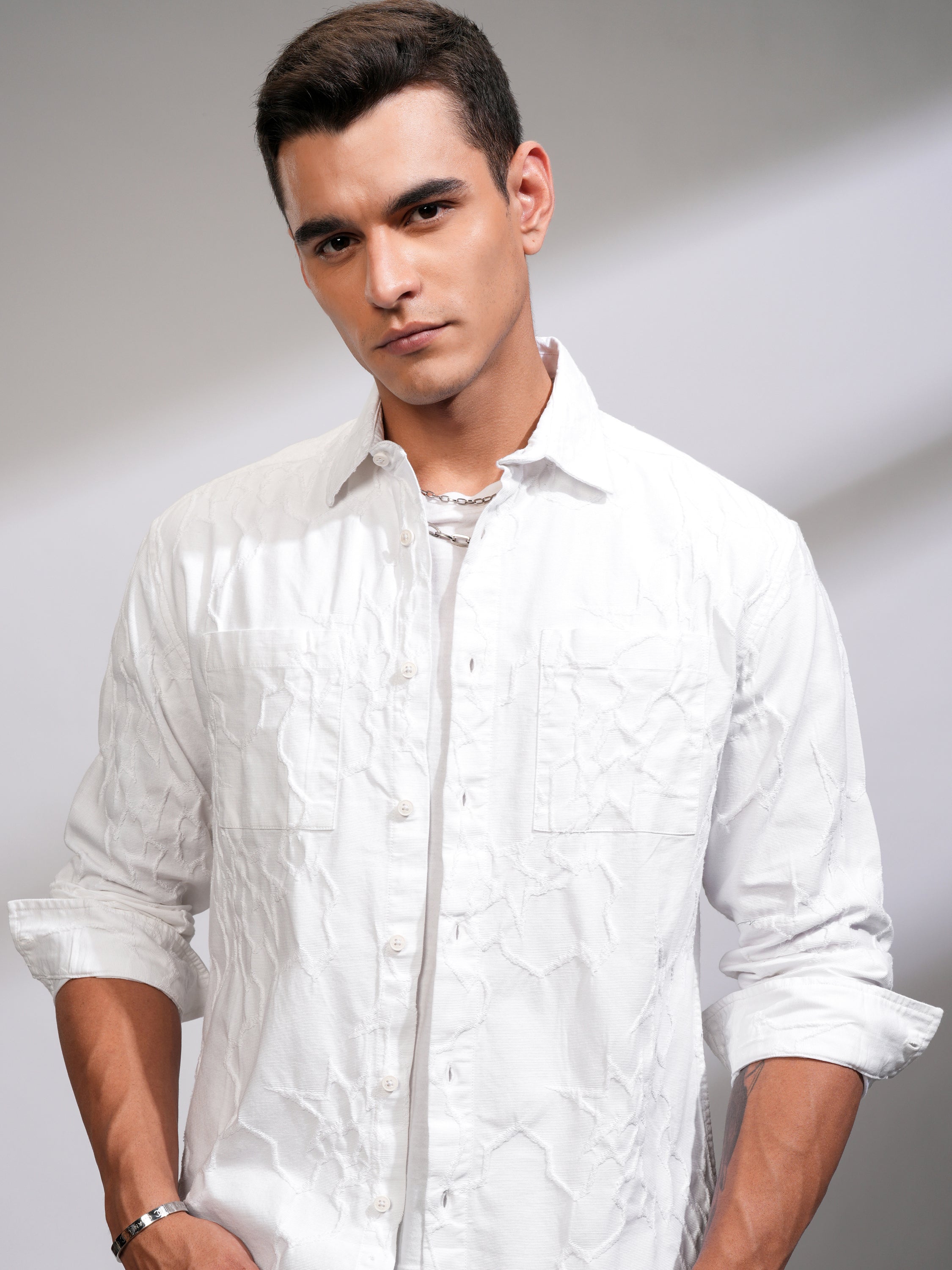 Highlander Men White Textured Relaxed Fit Casual Shirt - White - Image 1