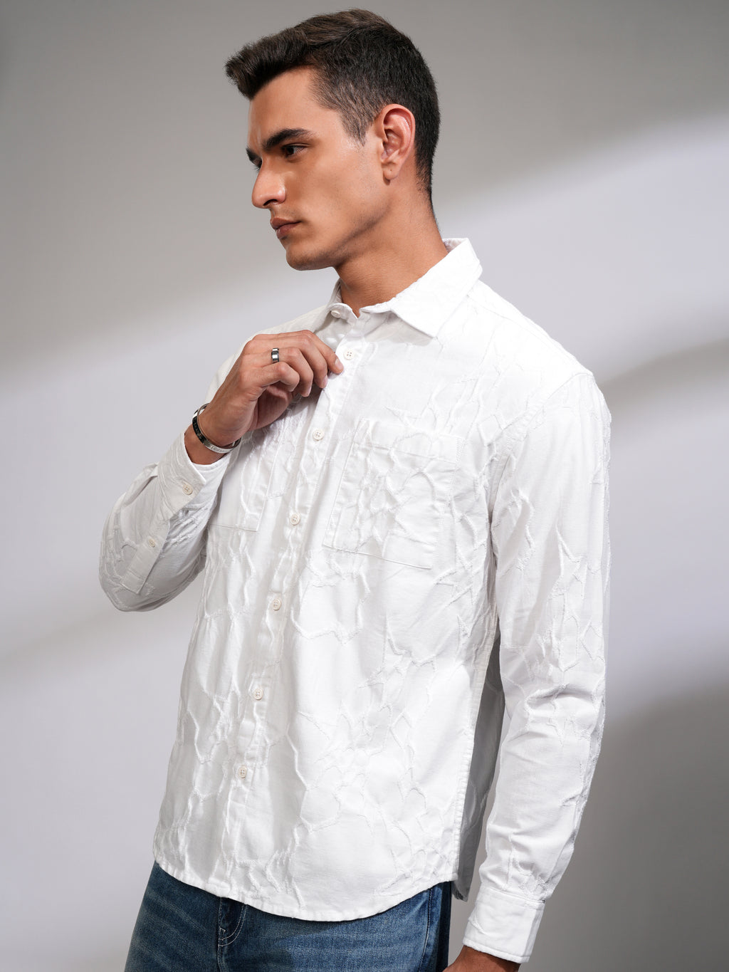 Highlander Men White Textured Relaxed Fit Casual Shirt - White - Image 4