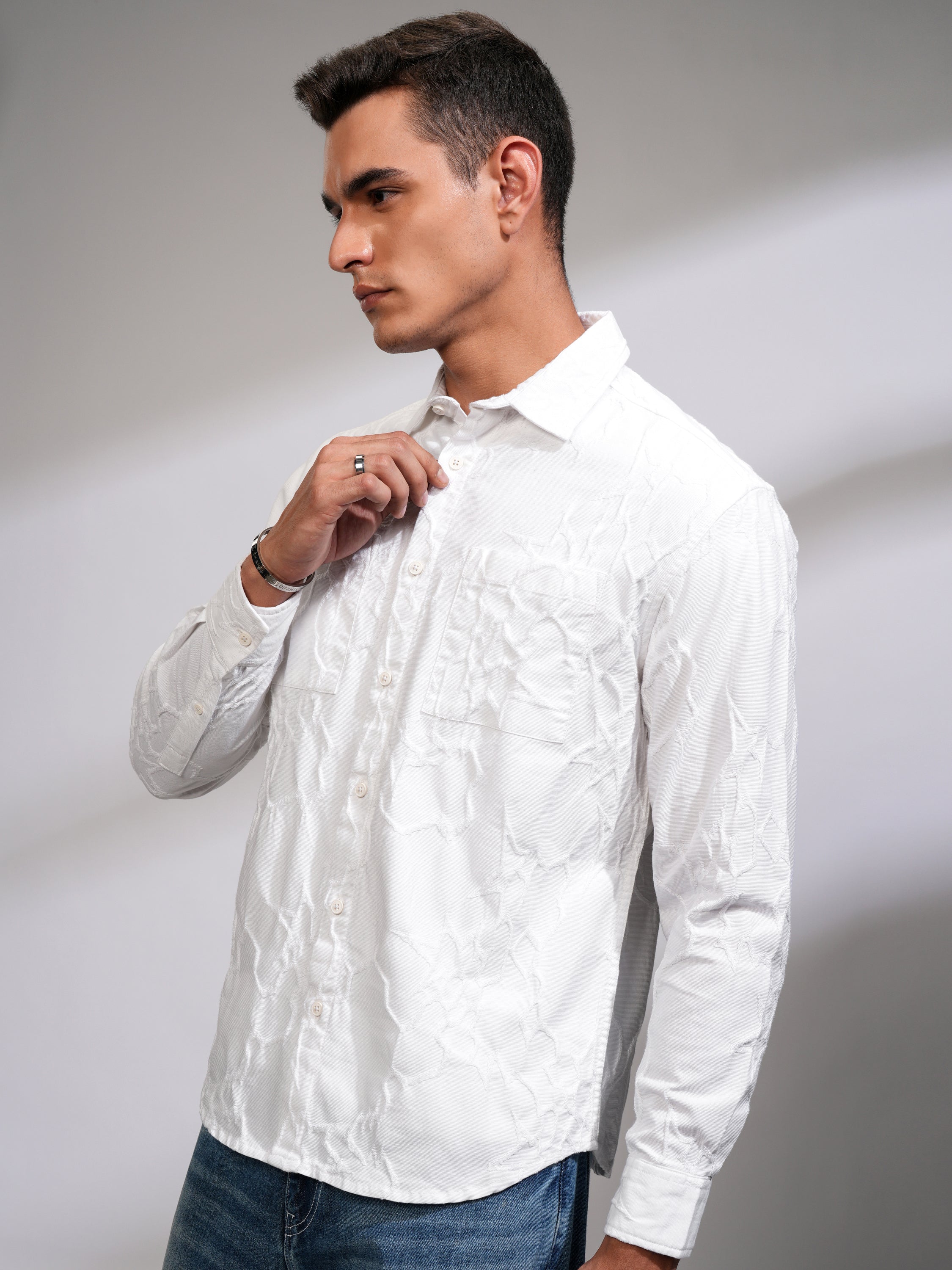 Highlander Men White Textured Relaxed Fit Casual Shirt - White - Image 4