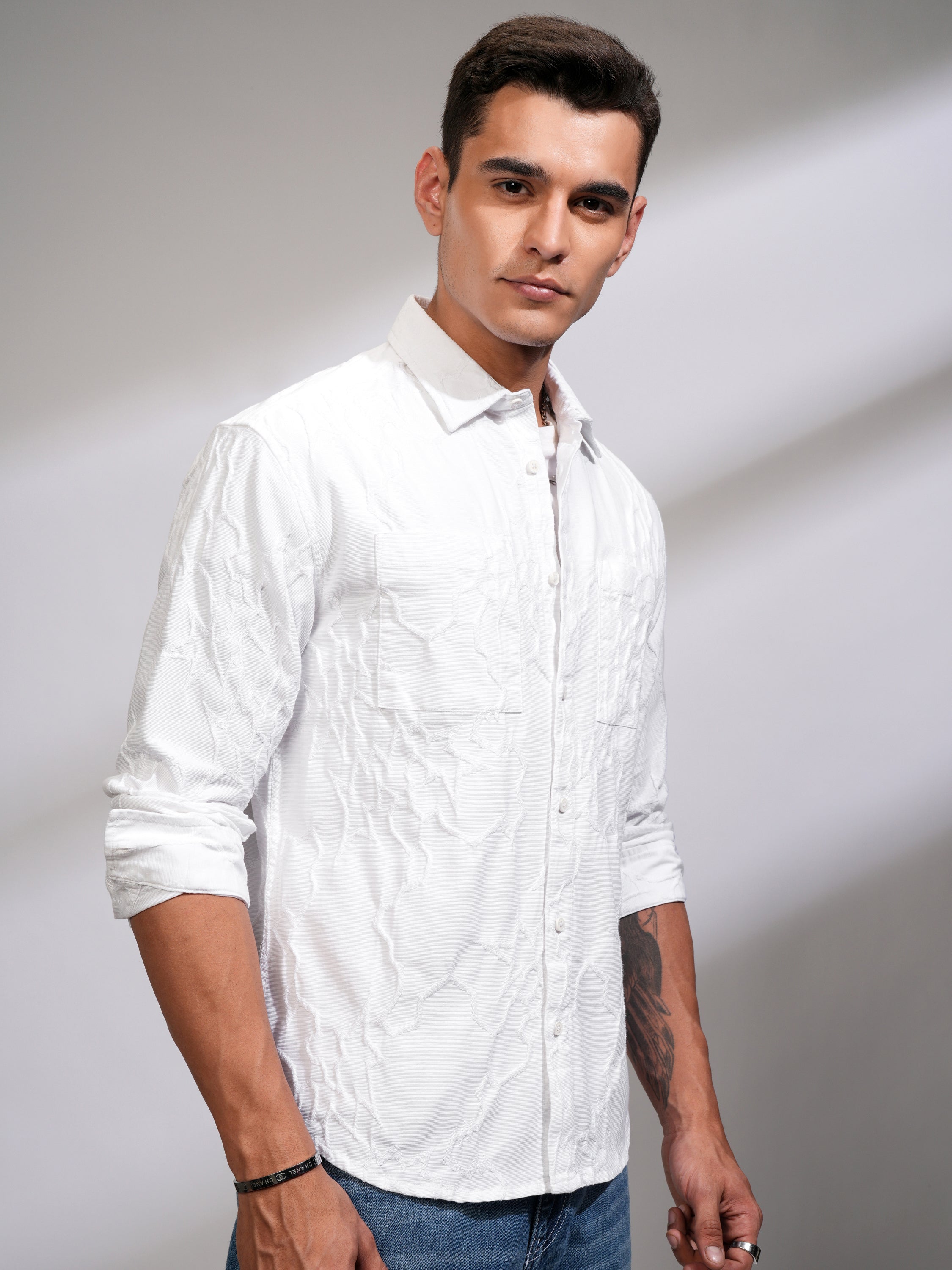 Highlander Men White Textured Relaxed Fit Casual Shirt - White - Image 6