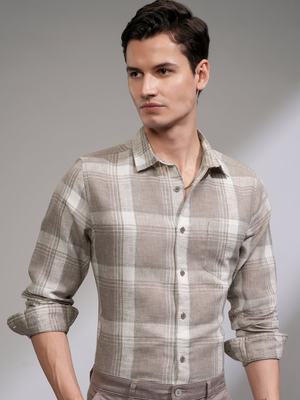 Highlander Men Tan Checked Slim Fit Casual Shirt - Tan - Image 1