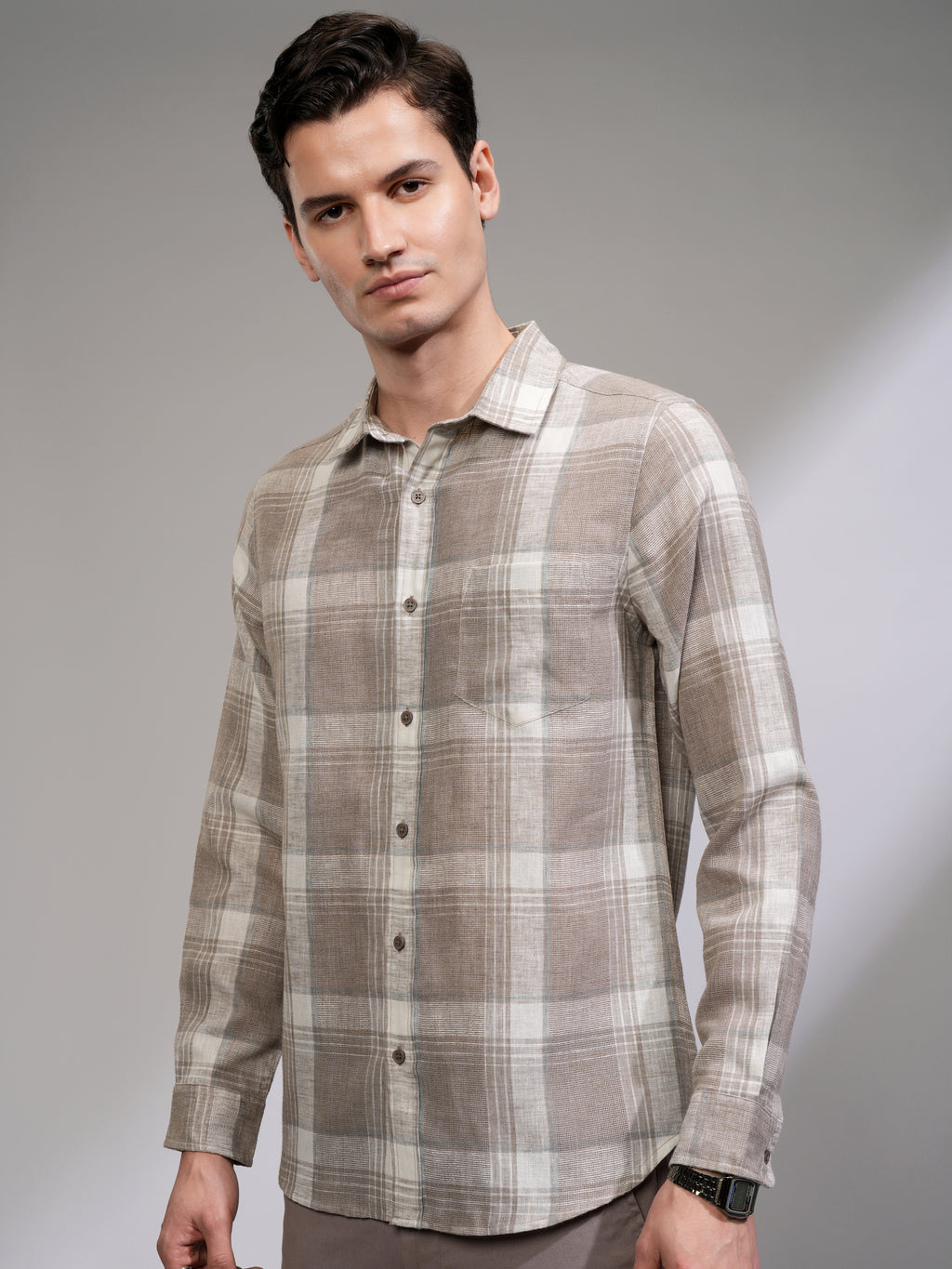 Highlander Men Tan Checked Slim Fit Casual Shirt - Tan - Image 4