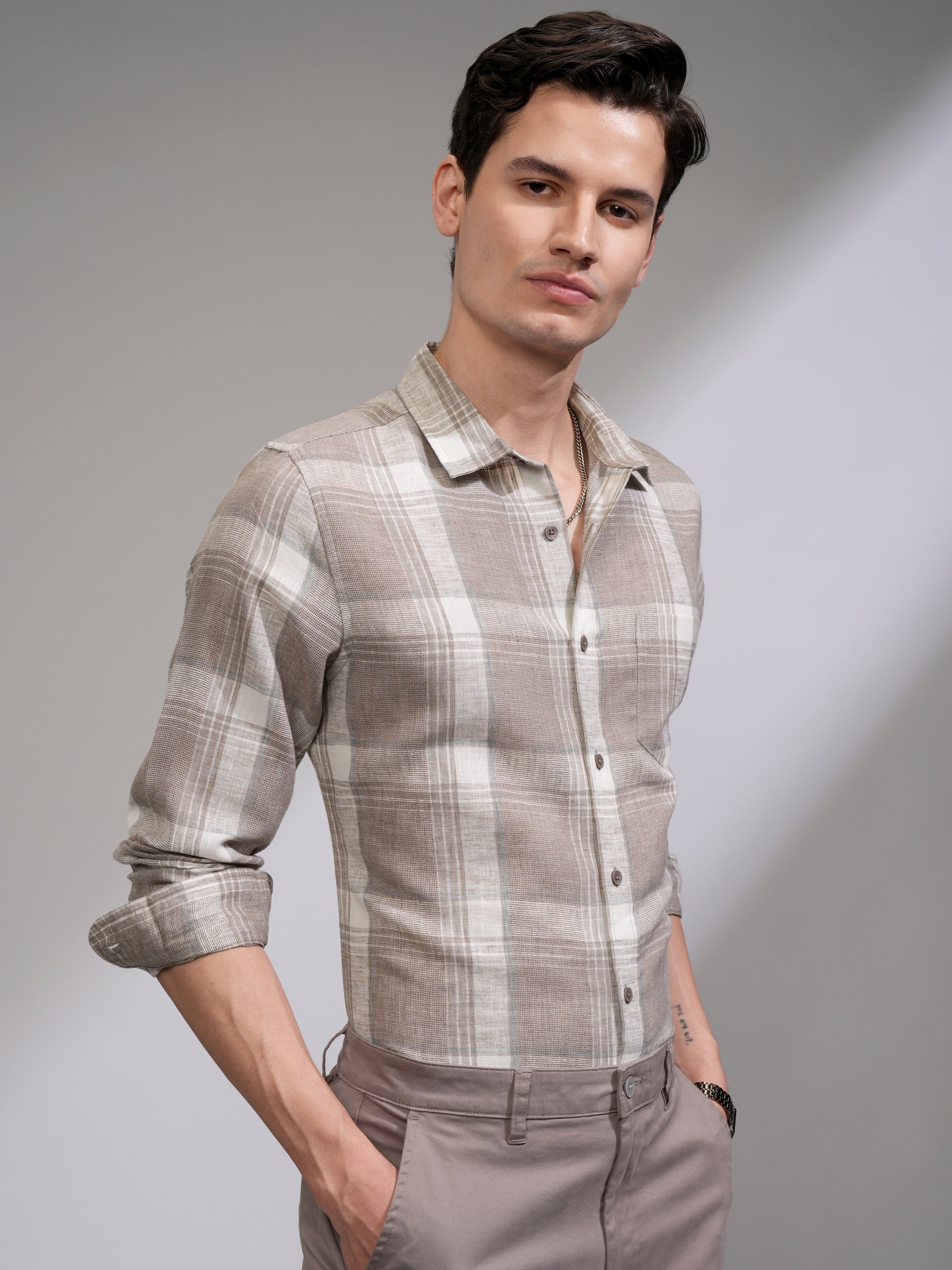 Highlander Men Tan Checked Slim Fit Casual Shirt - Tan - Image 6