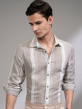 Highlander Men Tan Vertical Stripes Slim Fit Casual Shirt - Tan - Image 1