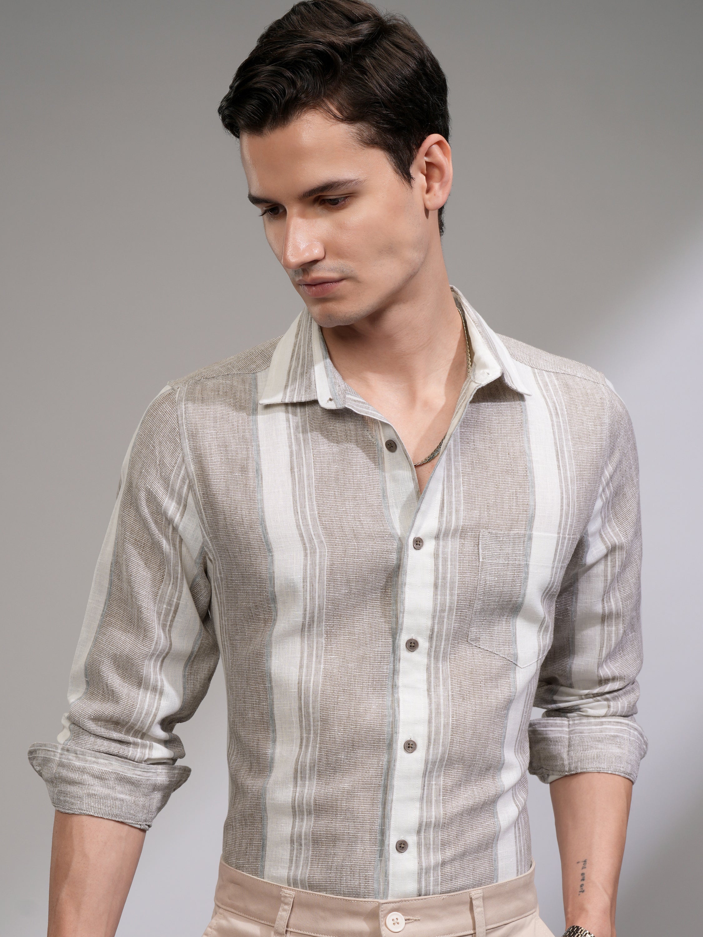 Highlander Men Tan Vertical Stripes Slim Fit Casual Shirt - Tan - Image 1