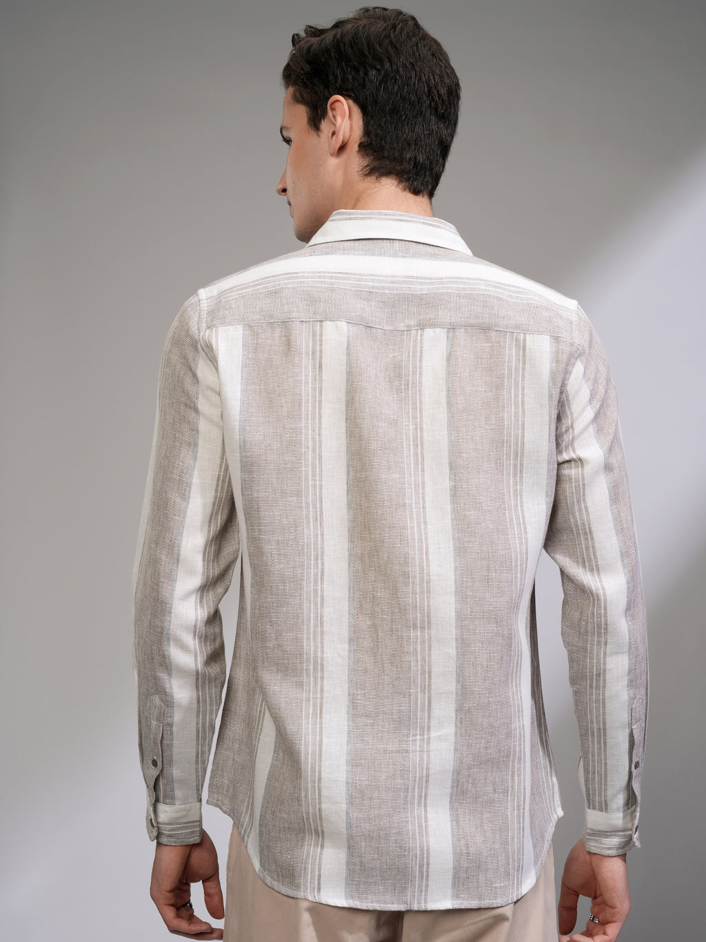 Highlander Men Tan Vertical Stripes Slim Fit Casual Shirt - Tan - Image 3