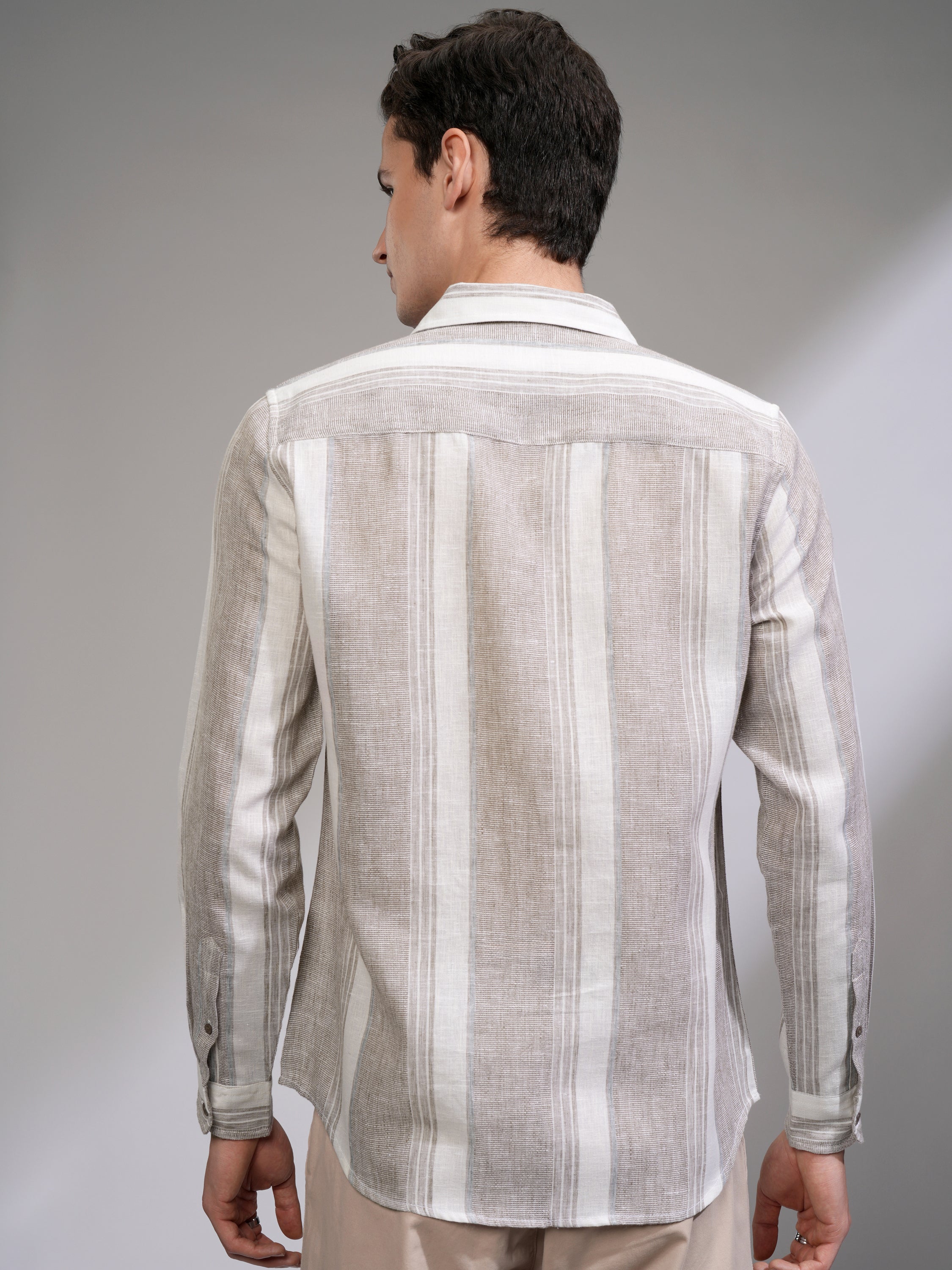 Highlander Men Tan Vertical Stripes Slim Fit Casual Shirt - Tan - Image 3