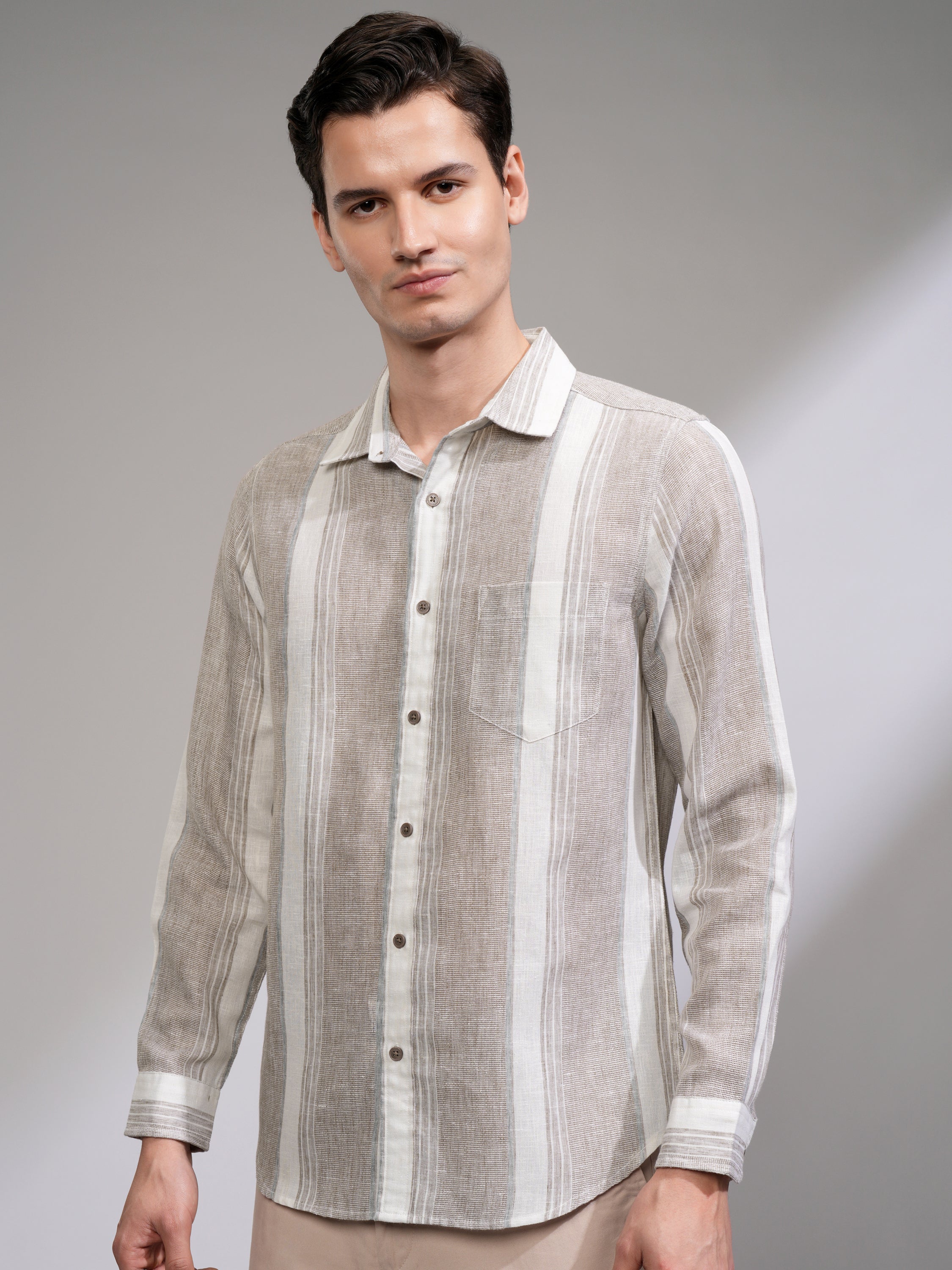 Highlander Men Tan Vertical Stripes Slim Fit Casual Shirt - Tan - Image 4
