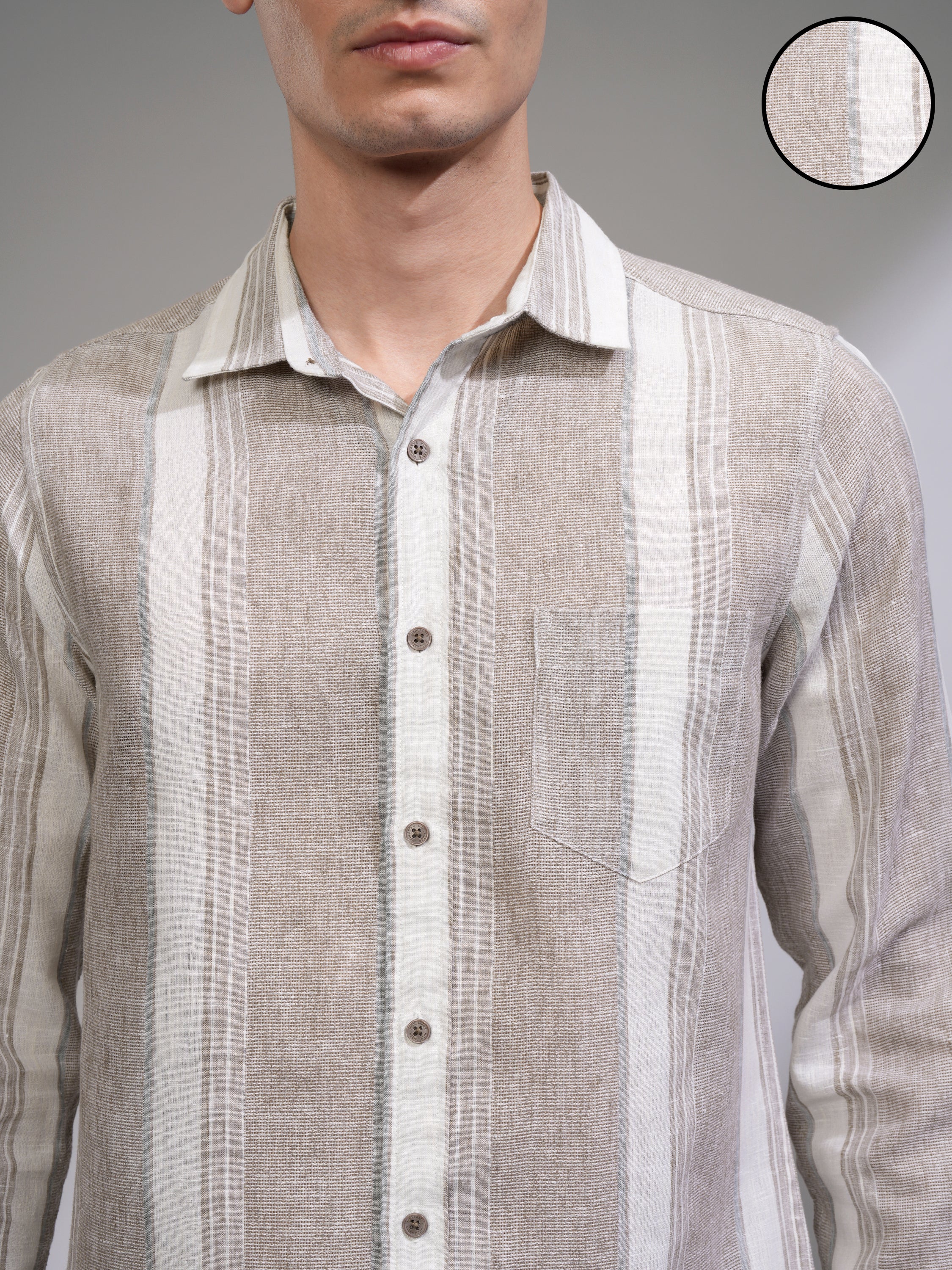 Highlander Men Tan Vertical Stripes Slim Fit Casual Shirt - Tan - Image 5