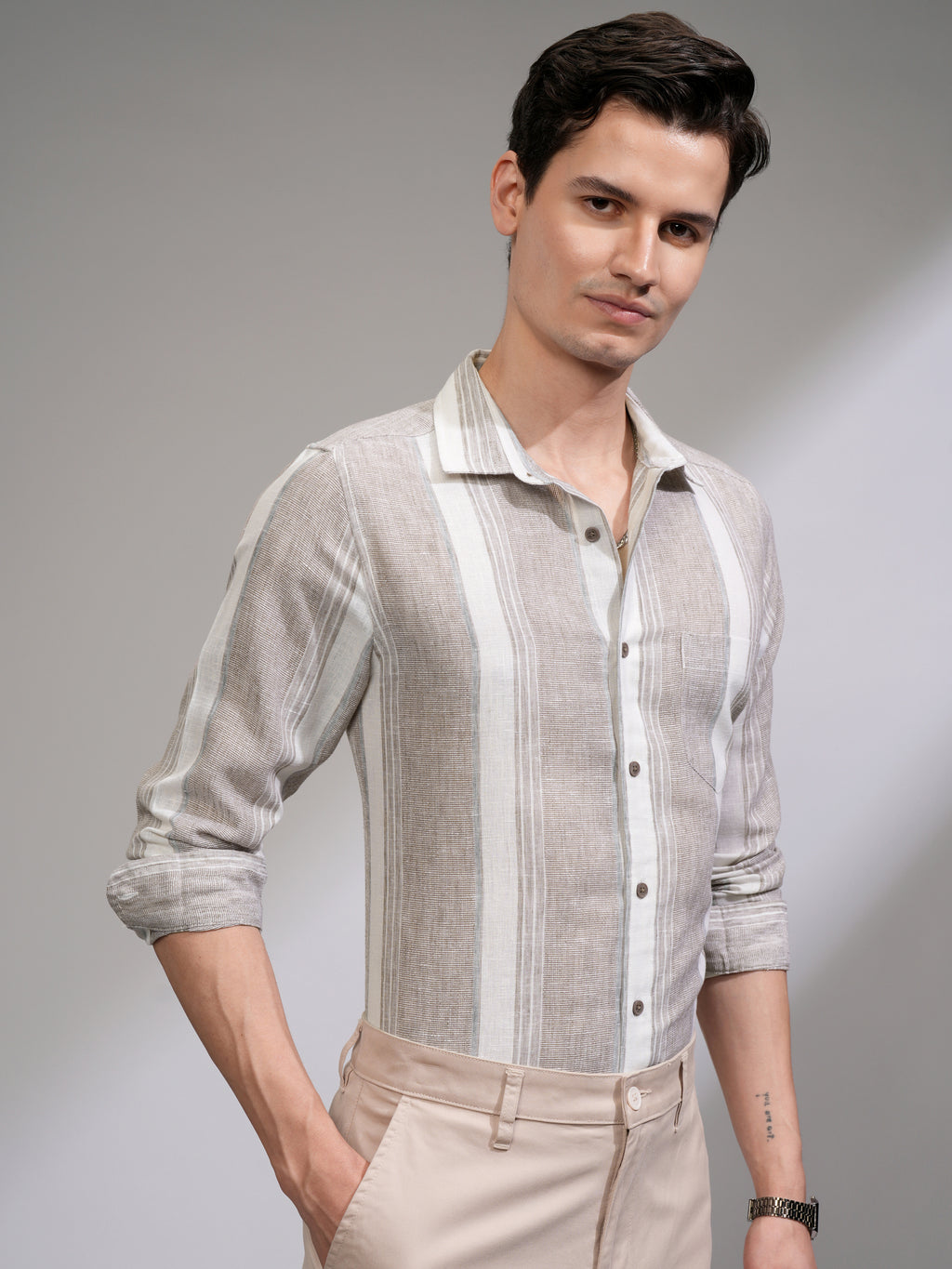 Highlander Men Tan Vertical Stripes Slim Fit Casual Shirt - Tan - Image 6